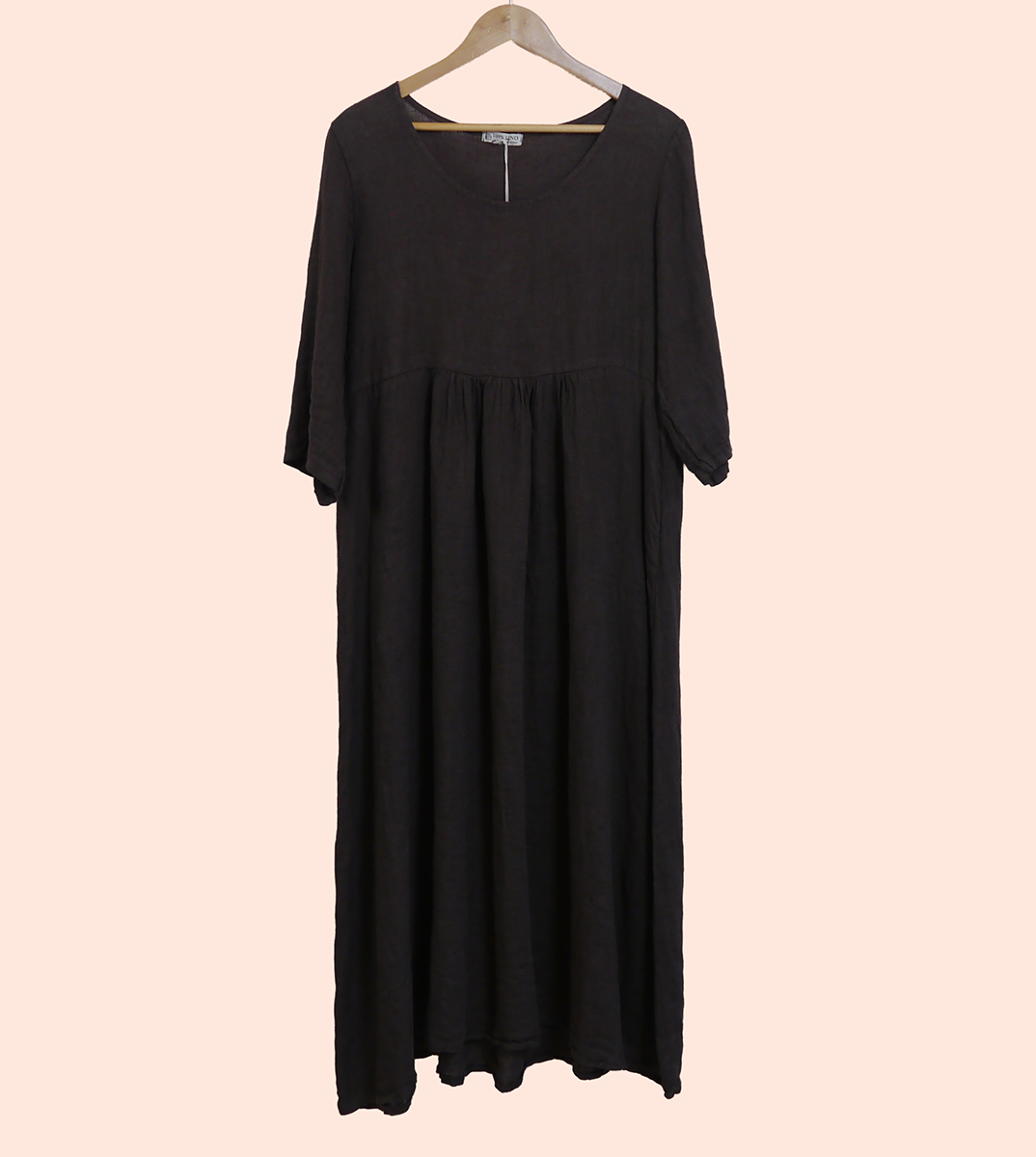 Linen Maxi 3/4 Sleeve Round Neck Dress in Bark
