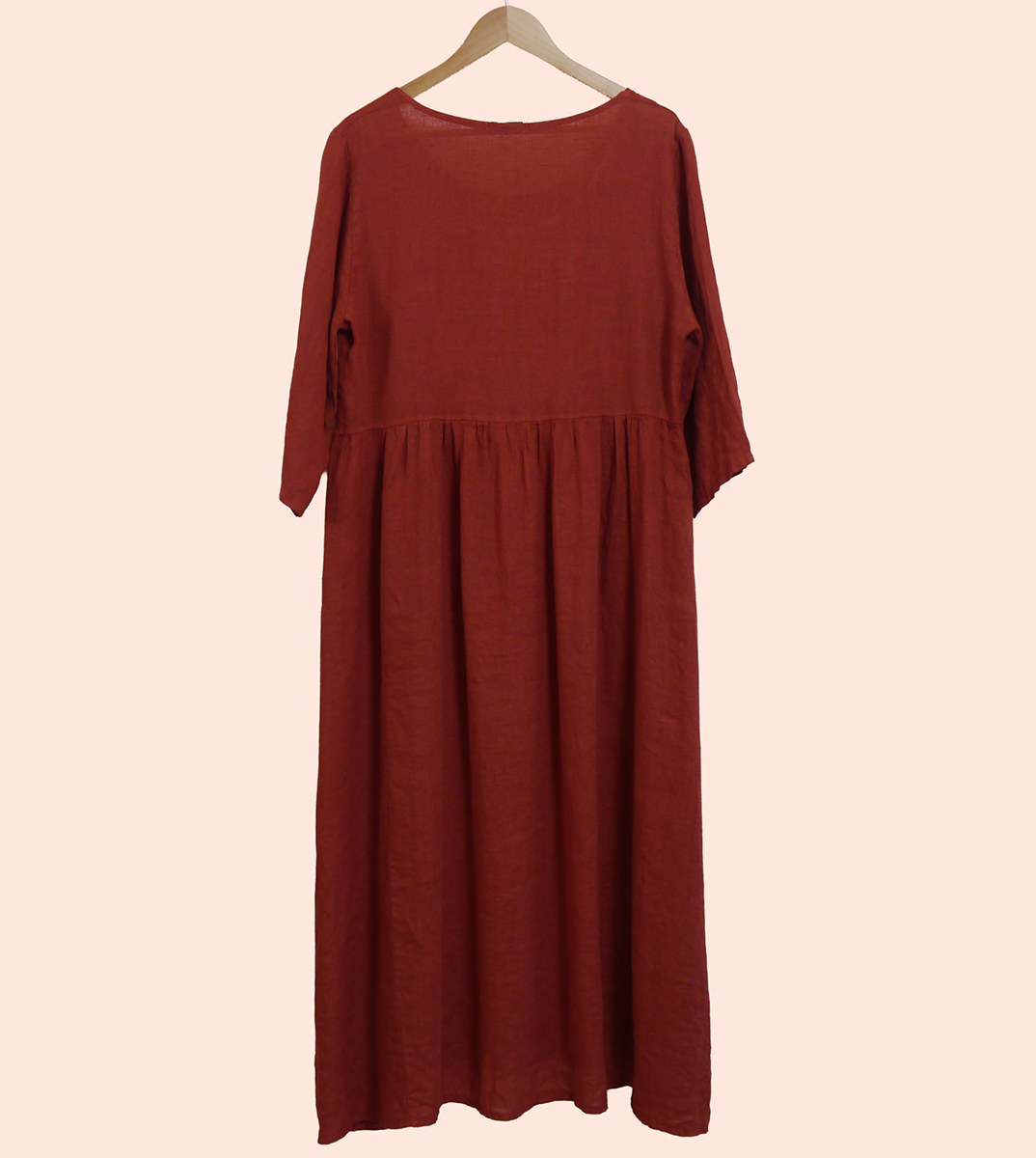 Linen Maxi 3/4 Sleeve Round Neck Dress in Brick