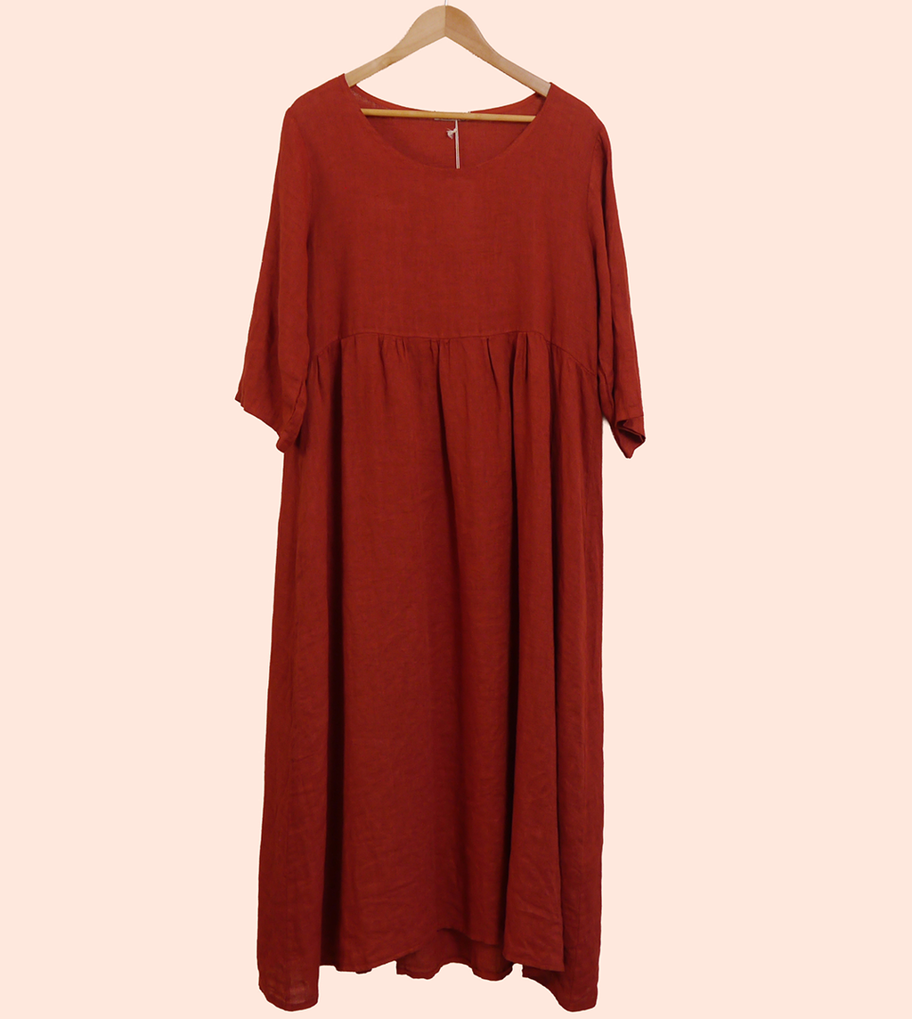 Linen Maxi 3/4 Sleeve Round Neck Dress in Brick