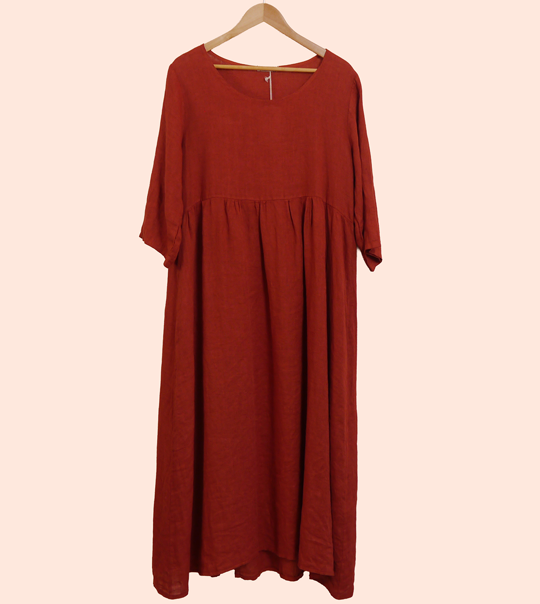 Linen Maxi 3/4 Sleeve Round Neck Dress in Brick