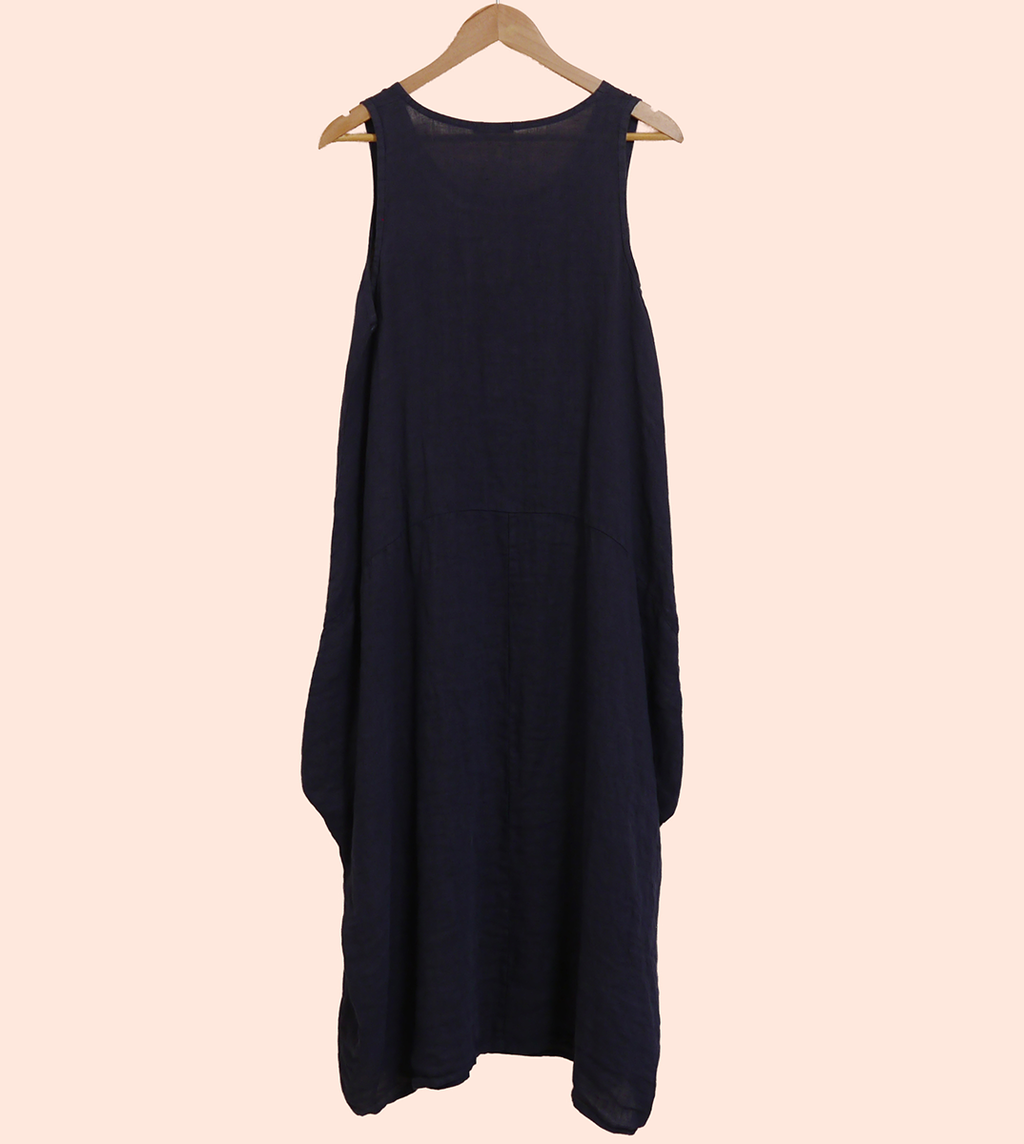 Linen Sleeveless Maxi Cocoon Dress with Pockets in Midnight