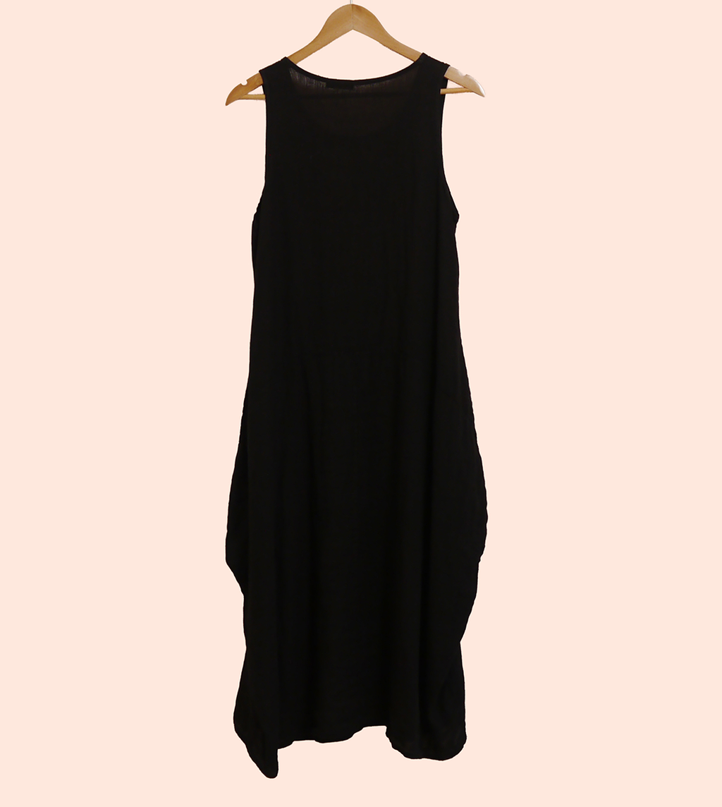 Linen Sleeveless Maxi Cocoon Dress with Pockets in Black