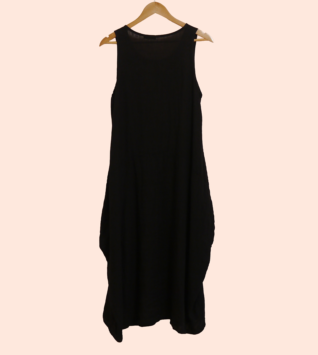 Linen Sleeveless Maxi Cocoon Dress with Pockets in Black