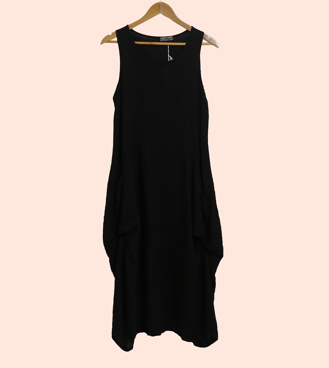 Linen Sleeveless Maxi Cocoon Dress with Pockets in Black