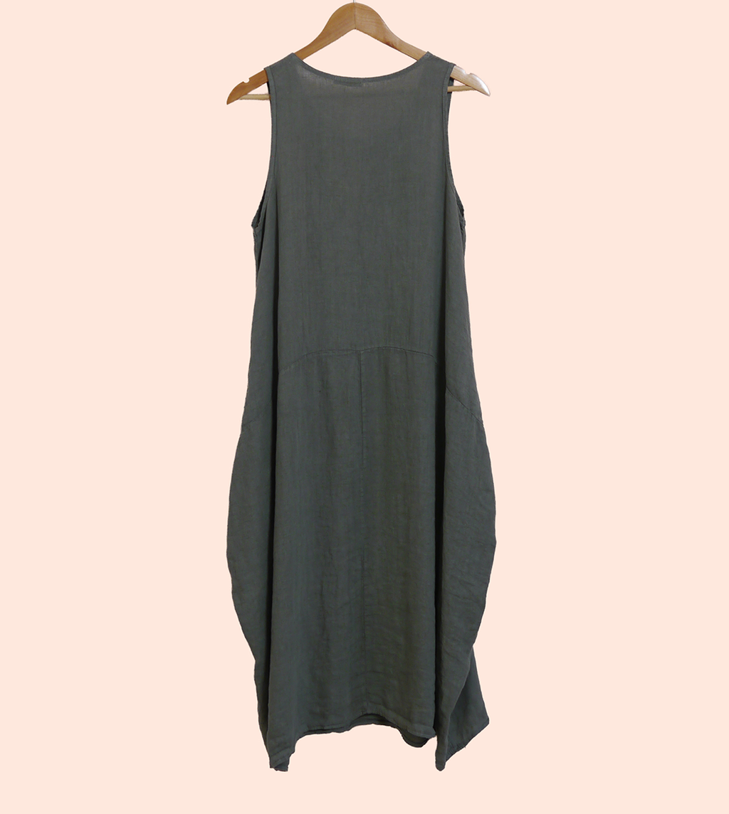 Linen Sleeveless Maxi Cocoon Dress with Pockets in Lichen