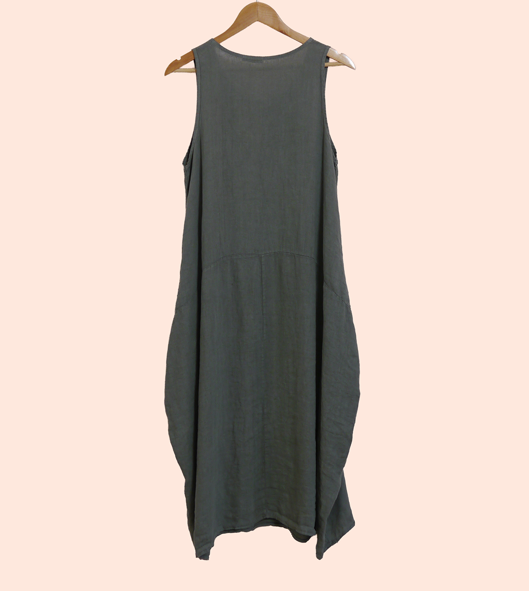 Linen Sleeveless Maxi Cocoon Dress with Pockets in Lichen