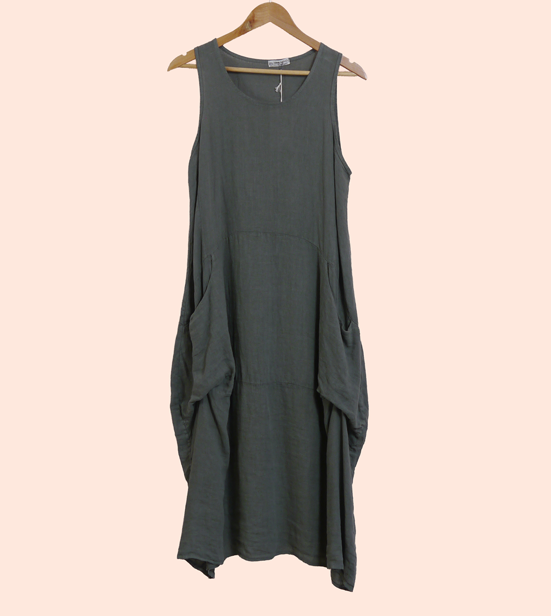 Linen Sleeveless Maxi Cocoon Dress with Pockets in Lichen