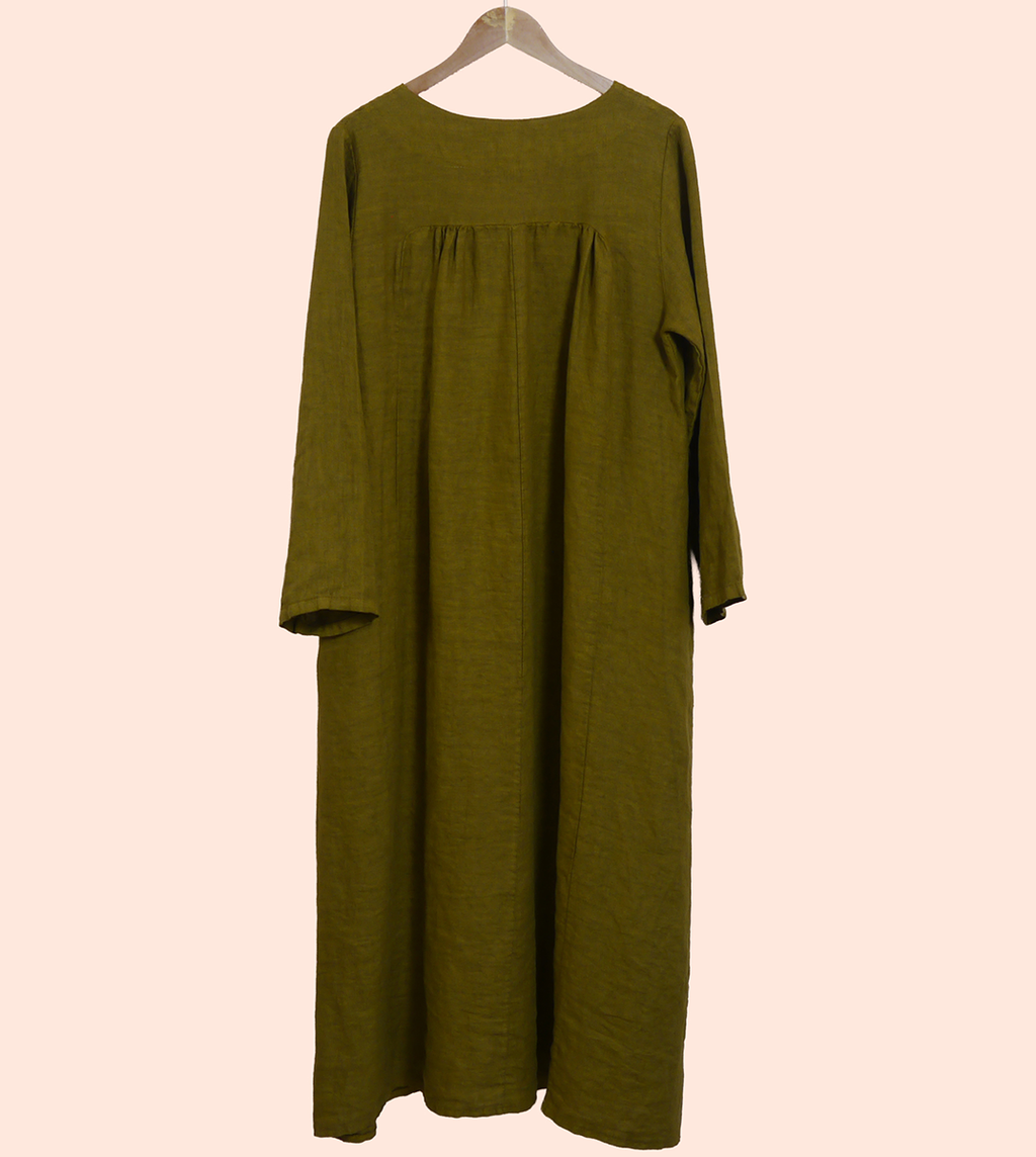 V Neck Midi Maxi Linen dress in Moss