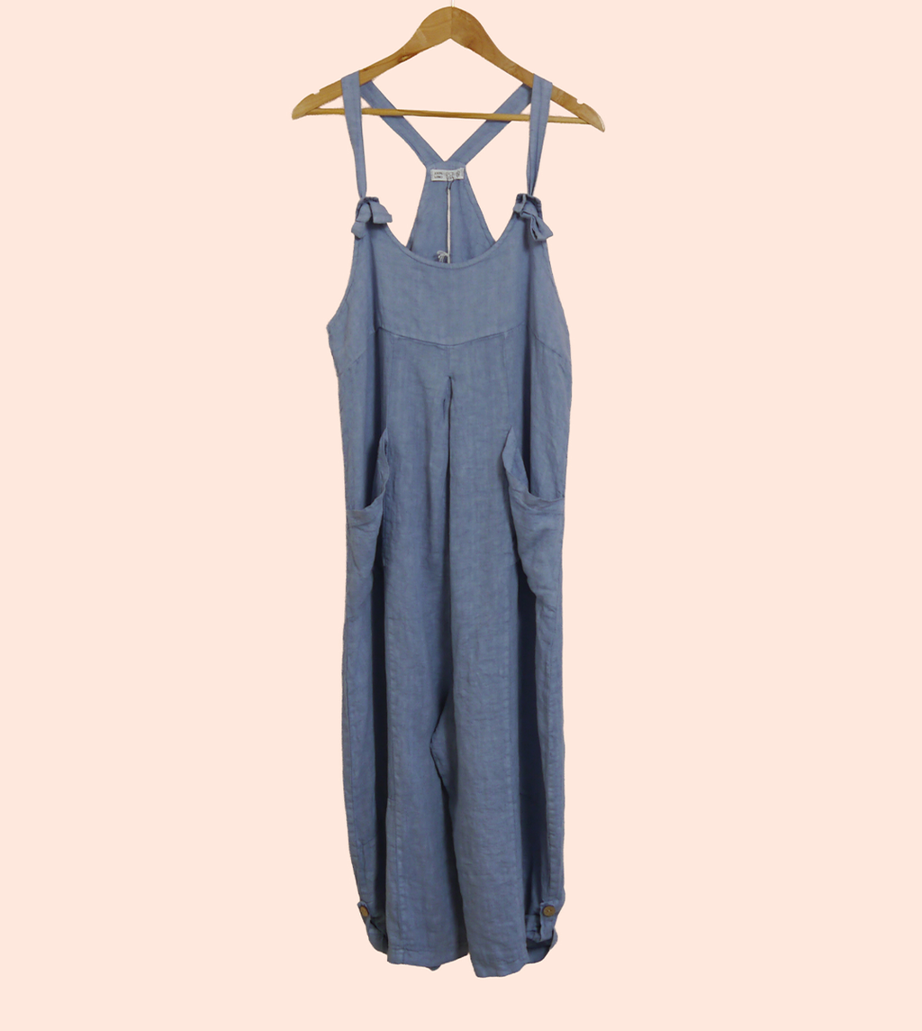 Linen Dungarees with Pockets in Forget-Me-Not