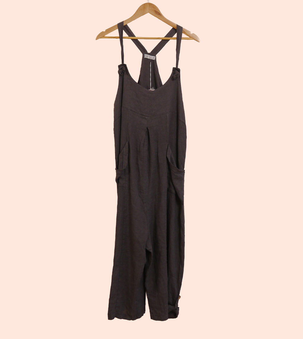 Linen Dungarees with pockets in Soot