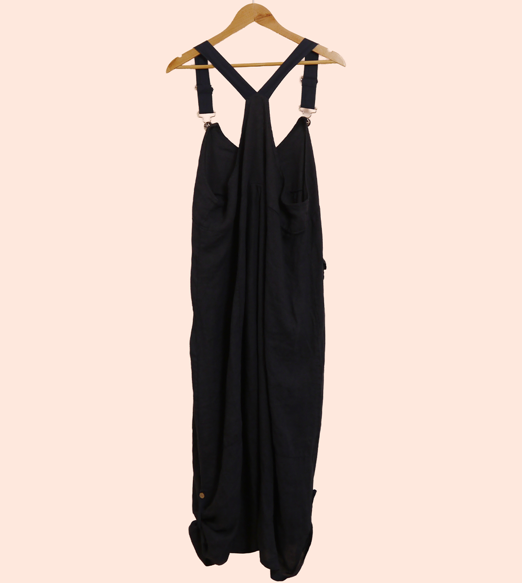 Linen Cocoon Dungarees with Buckles in Midnight