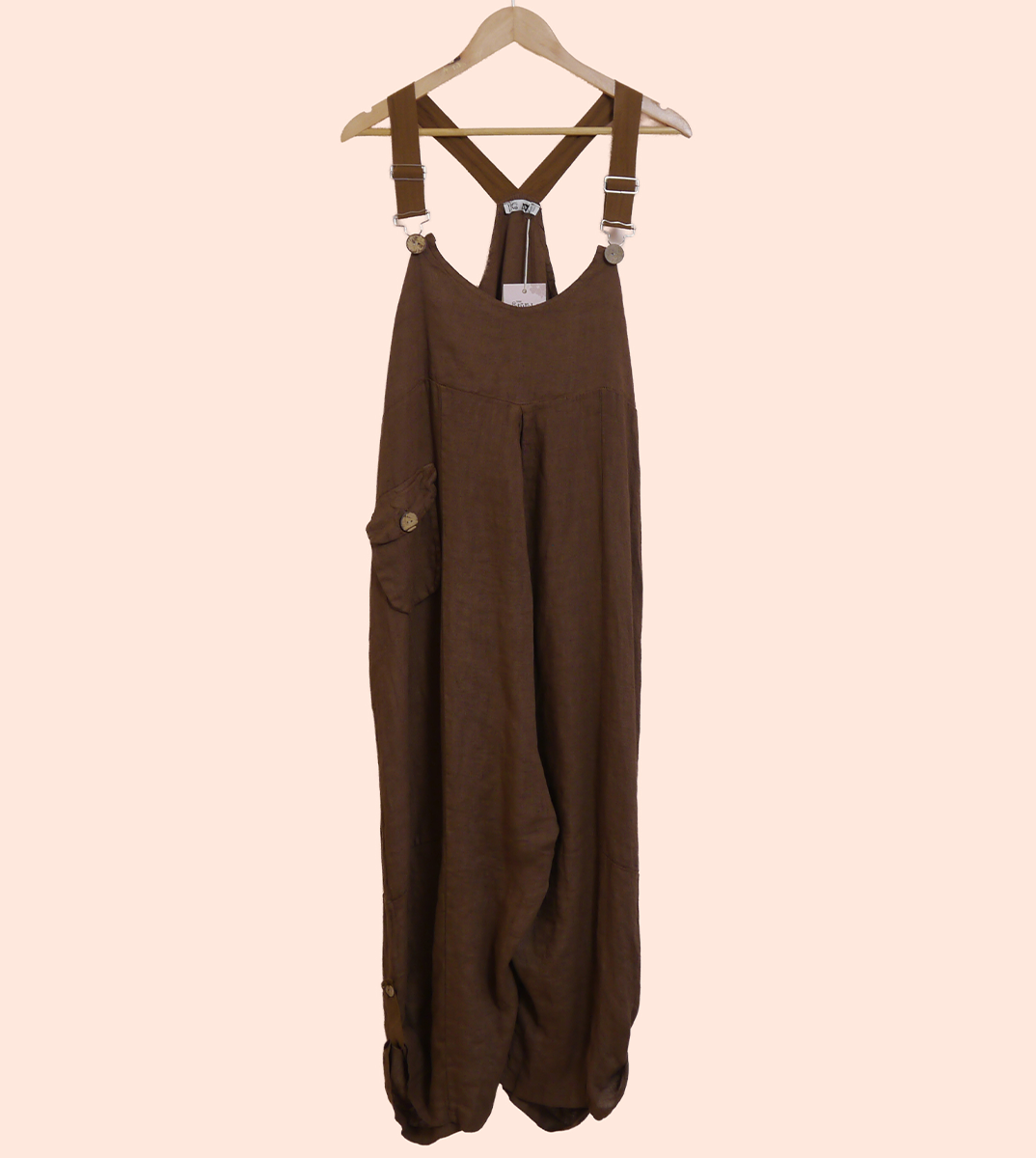 Linen Cocoon Dungarees with Buckles in Cocoa