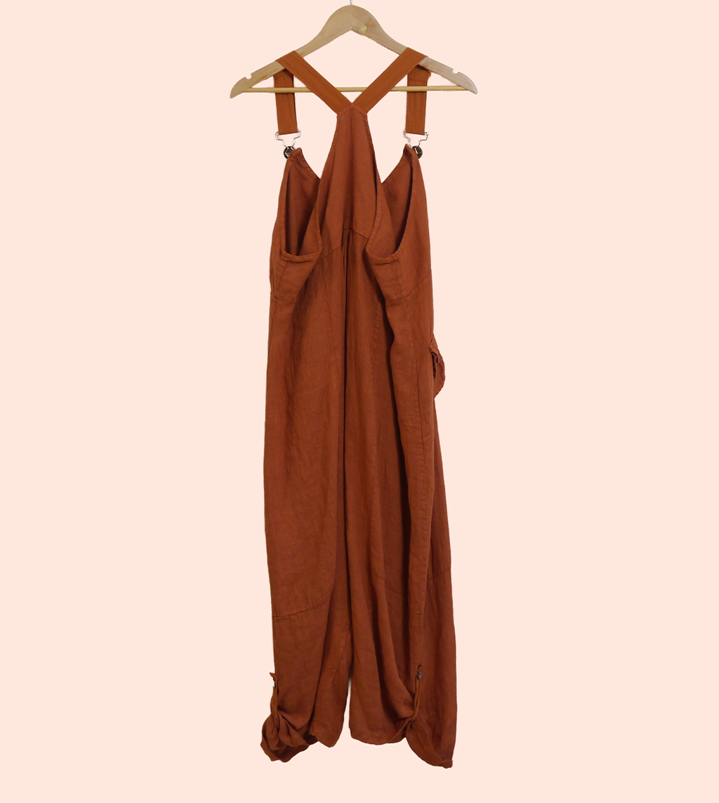 Linen Cocoon Dungarees with Buckles in Rust