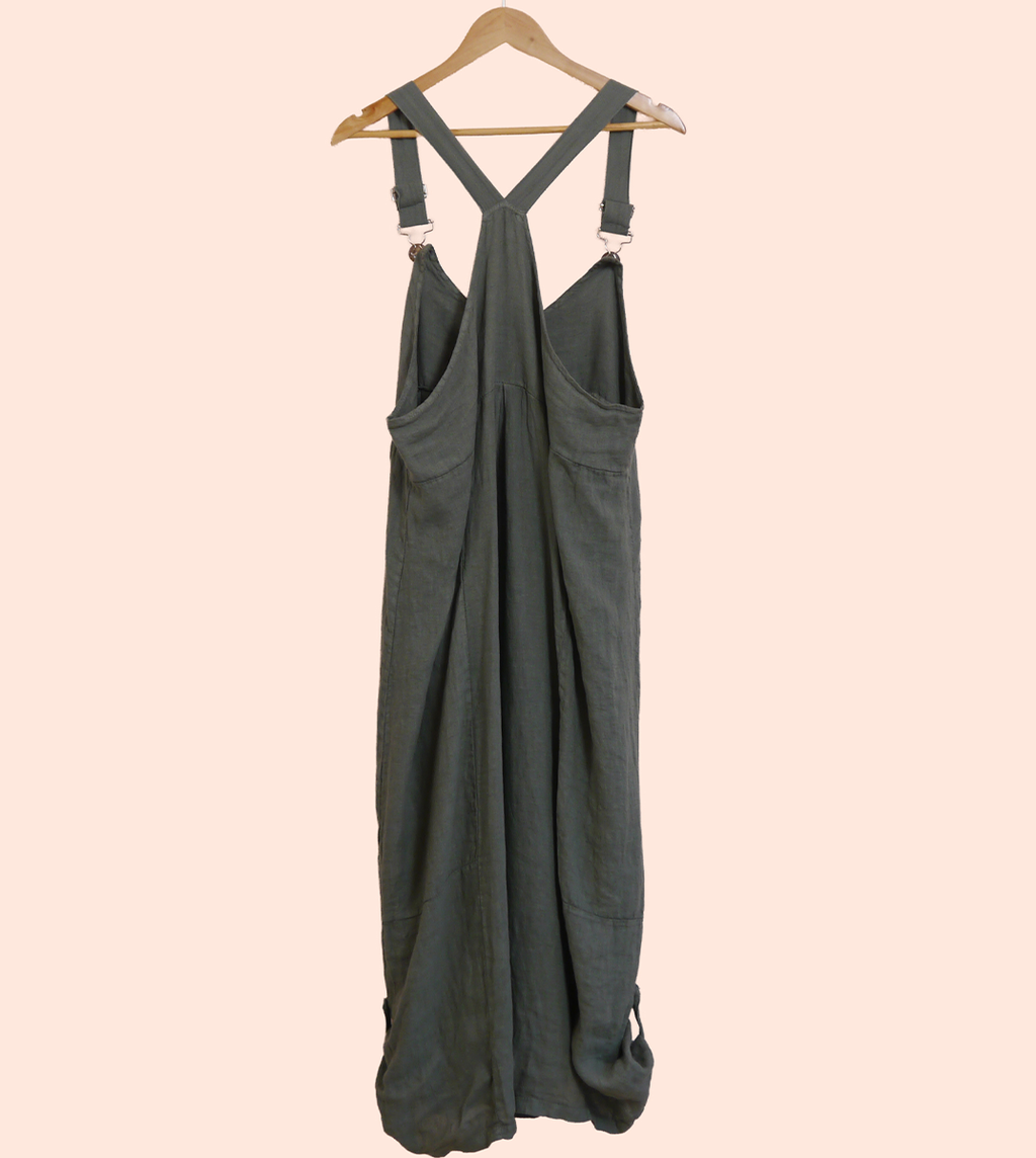 Linen Cocoon Dungarees with Buckles in Lichen