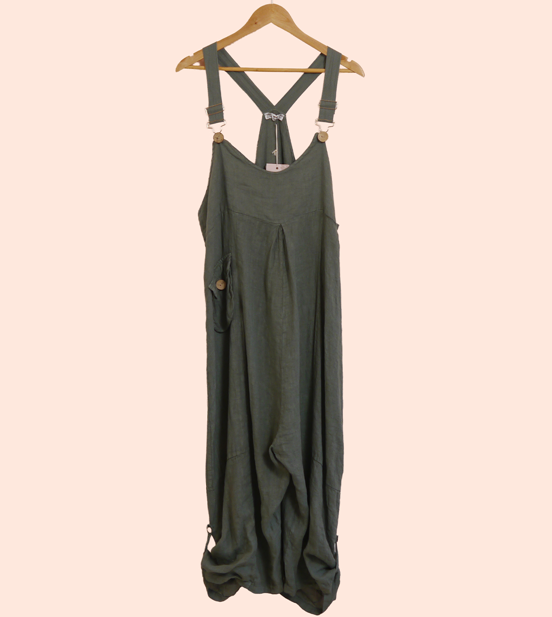 Linen Cocoon Dungarees with Buckles in Lichen