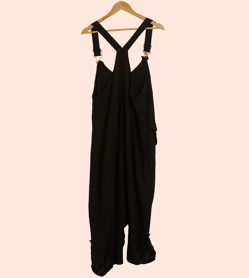 Linen Cocoon Dungarees with Buckles in Black