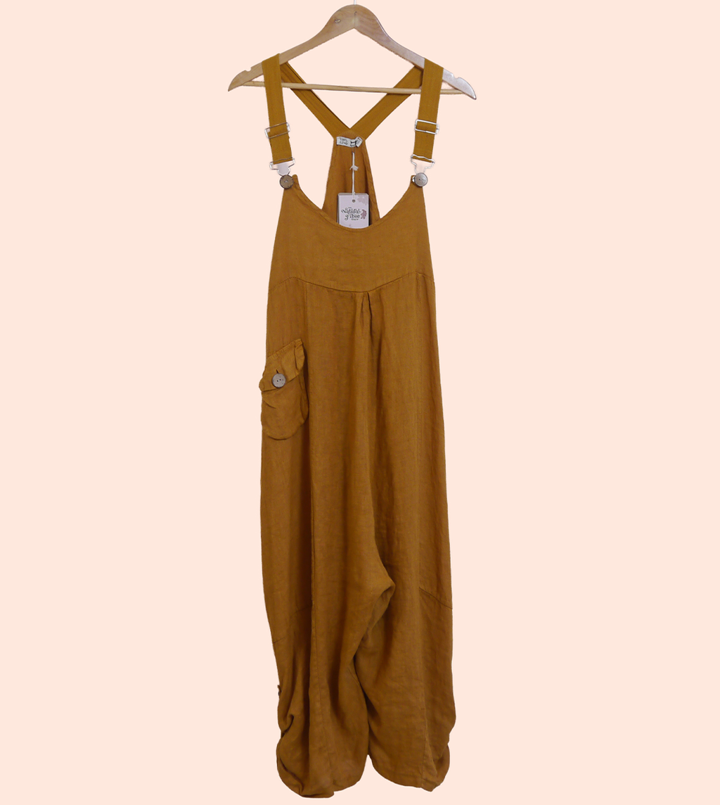 Linen Cocoon Dungarees with Buckles in Ochre