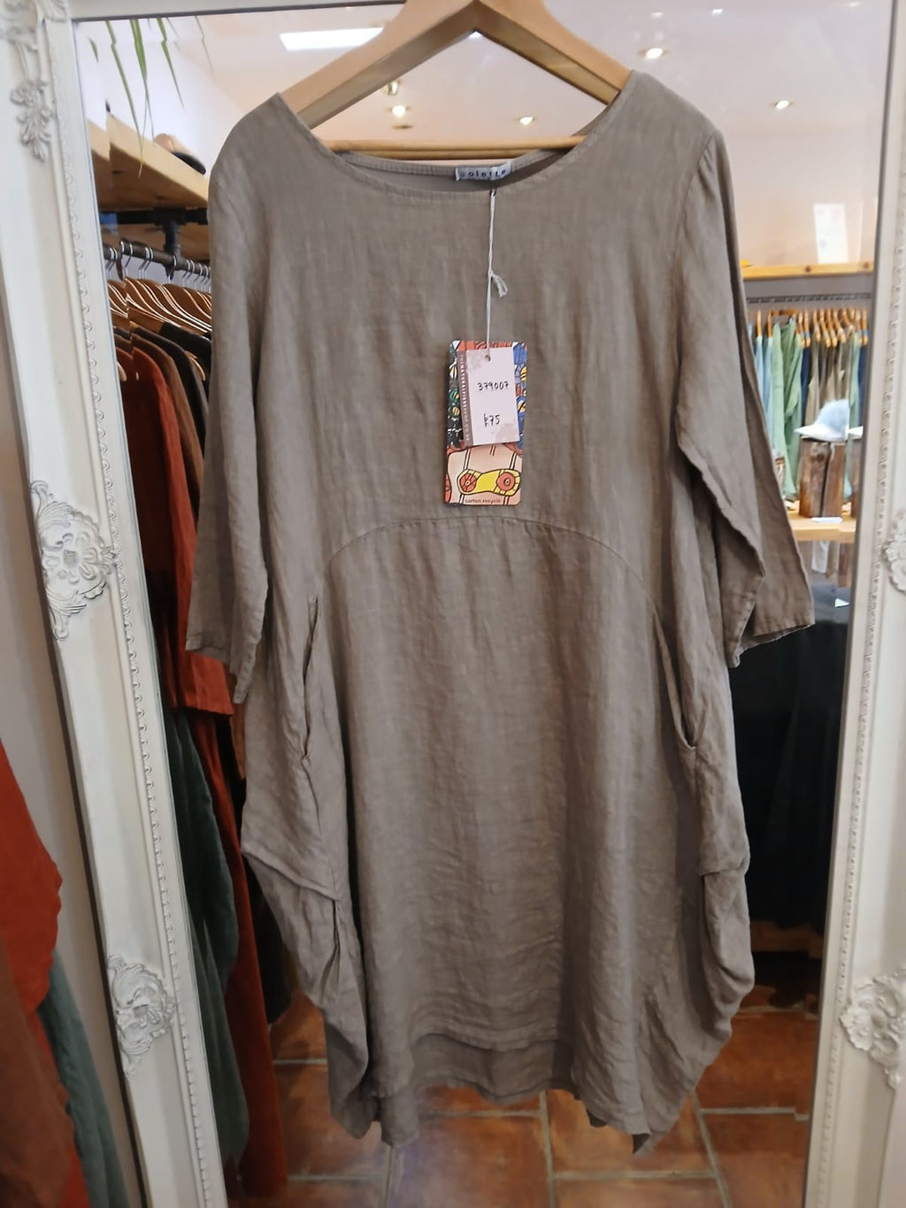 Linen/Cotton 3/4 Sleeve Dress in Mole