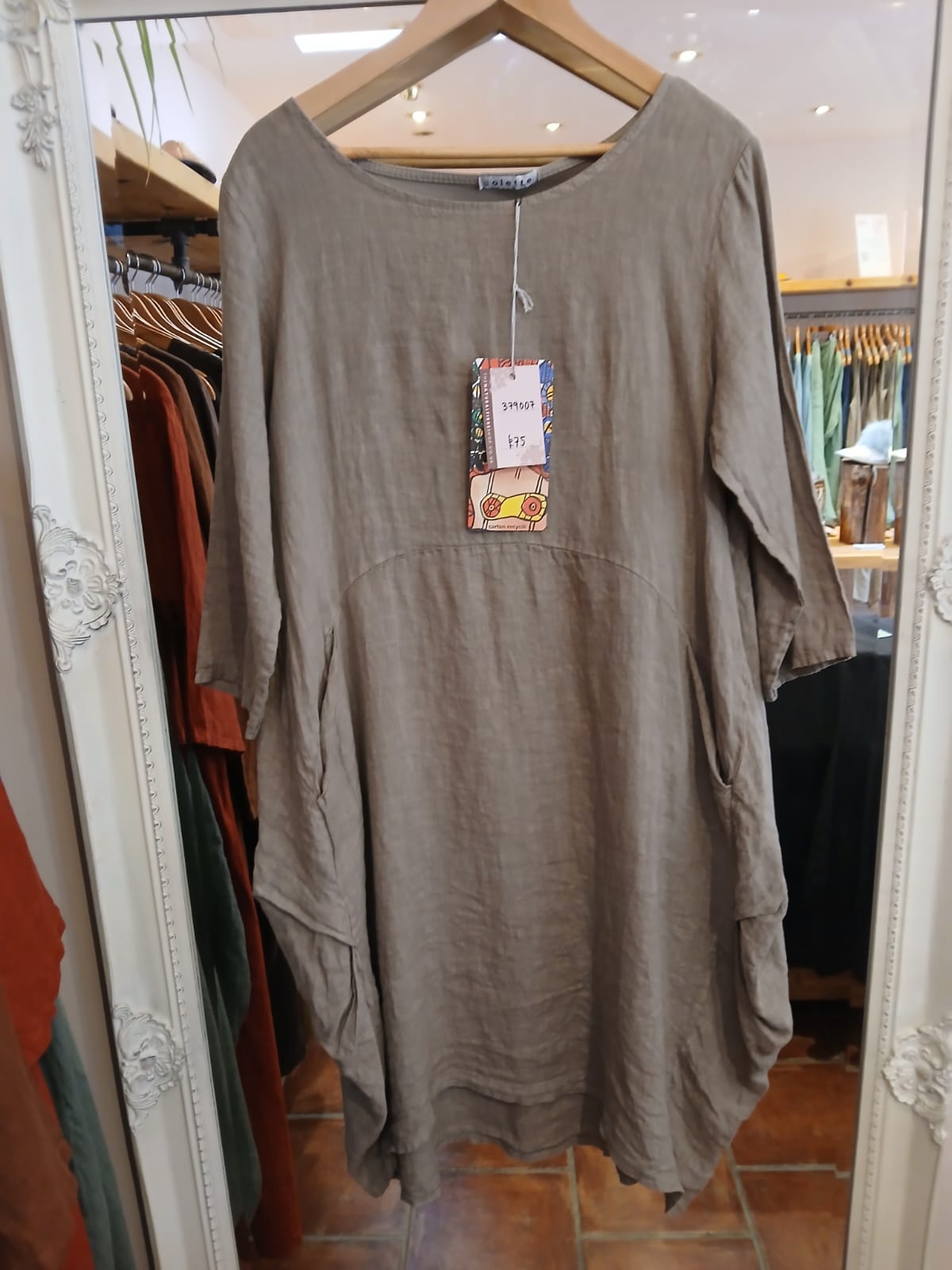 Linen/Cotton 3/4 Sleeve Dress in Mole