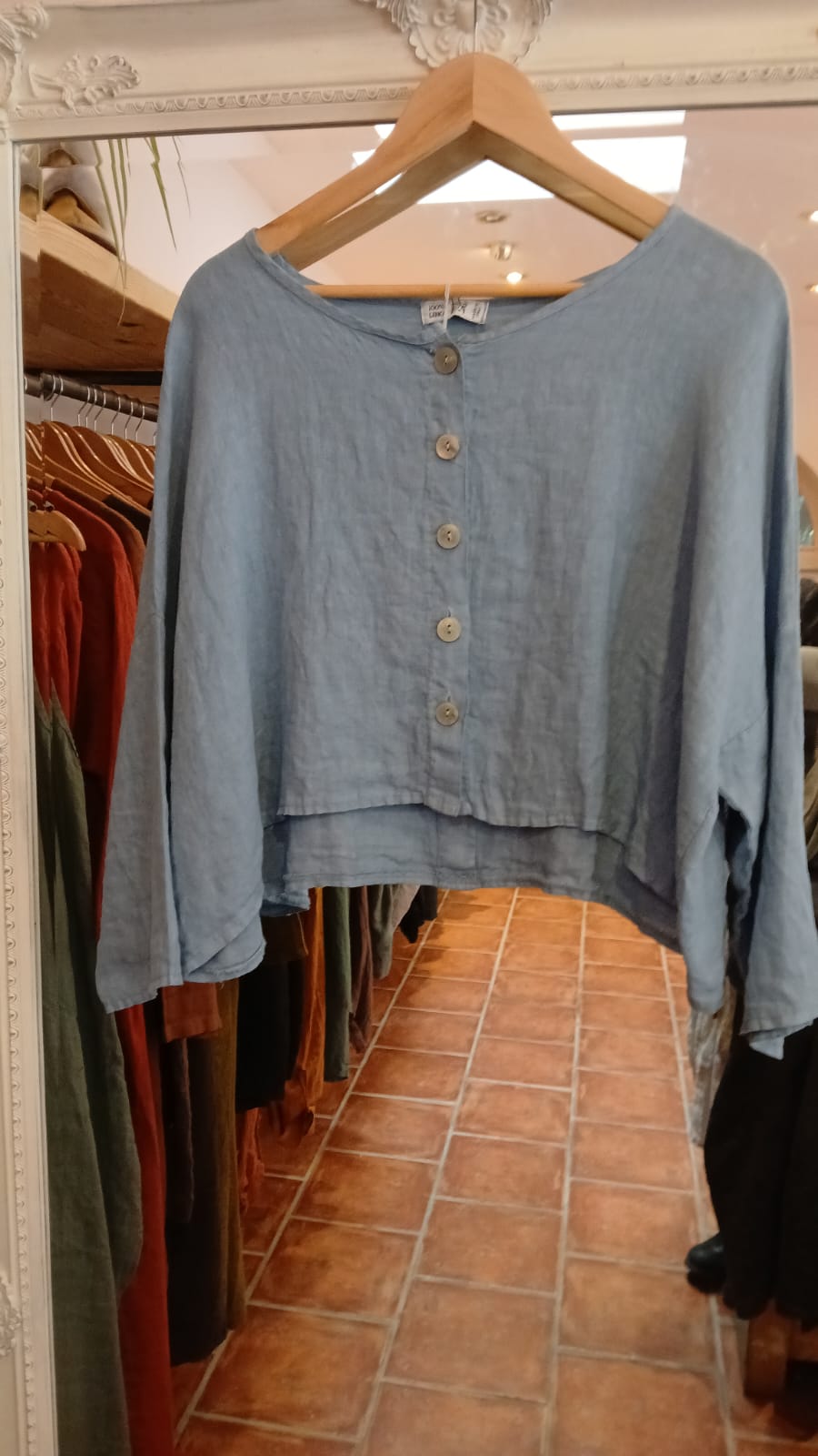 3/4 Sleeve Linen button up Top in Forget-Me-Not