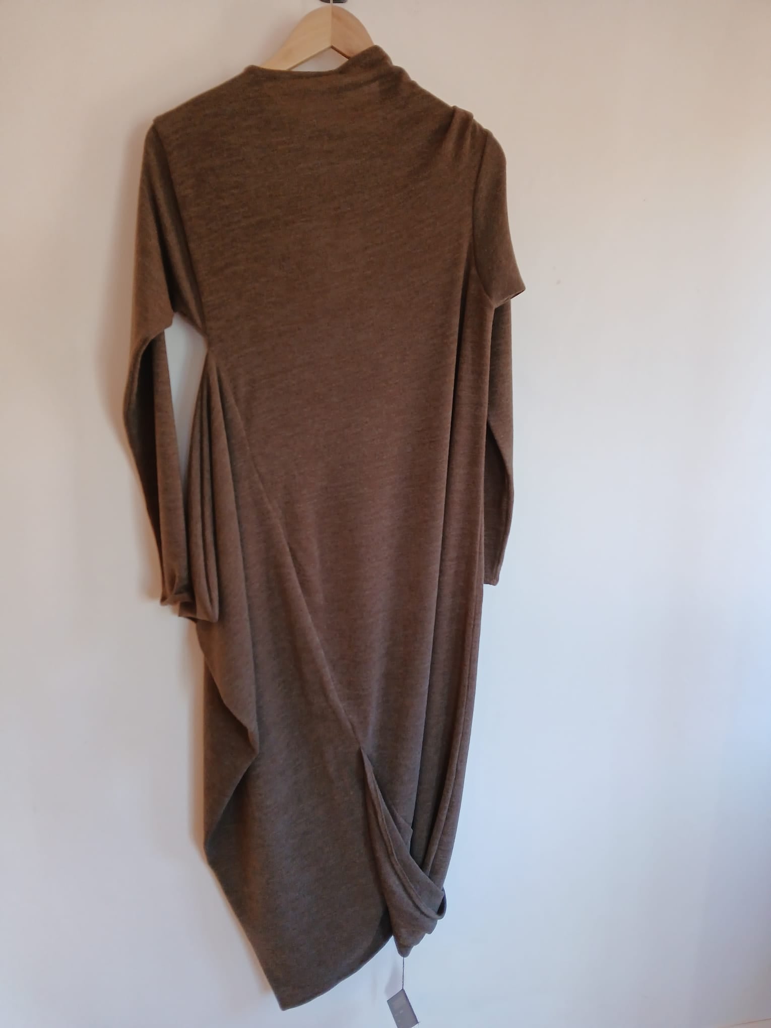 Sartoria Ismara Wool Asymmetric Drape Midi Maxi Dress in Toffee