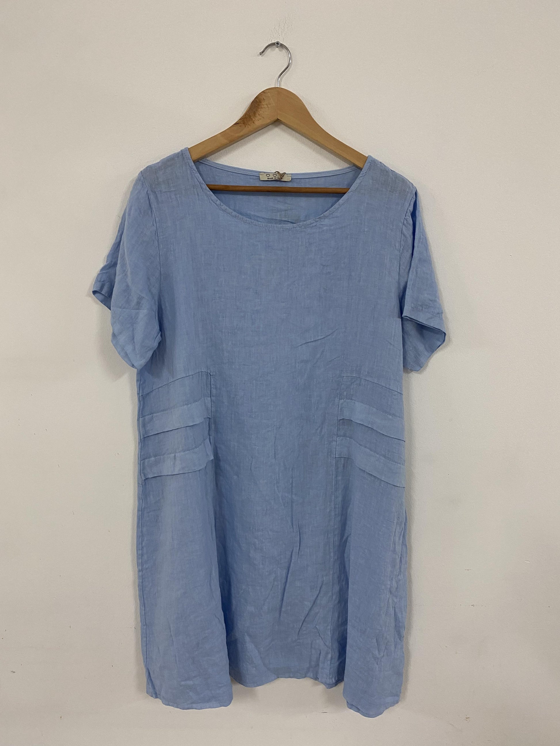 Short Sleeve Linen Knee Length-Midi Dress with Side Details in Sky
