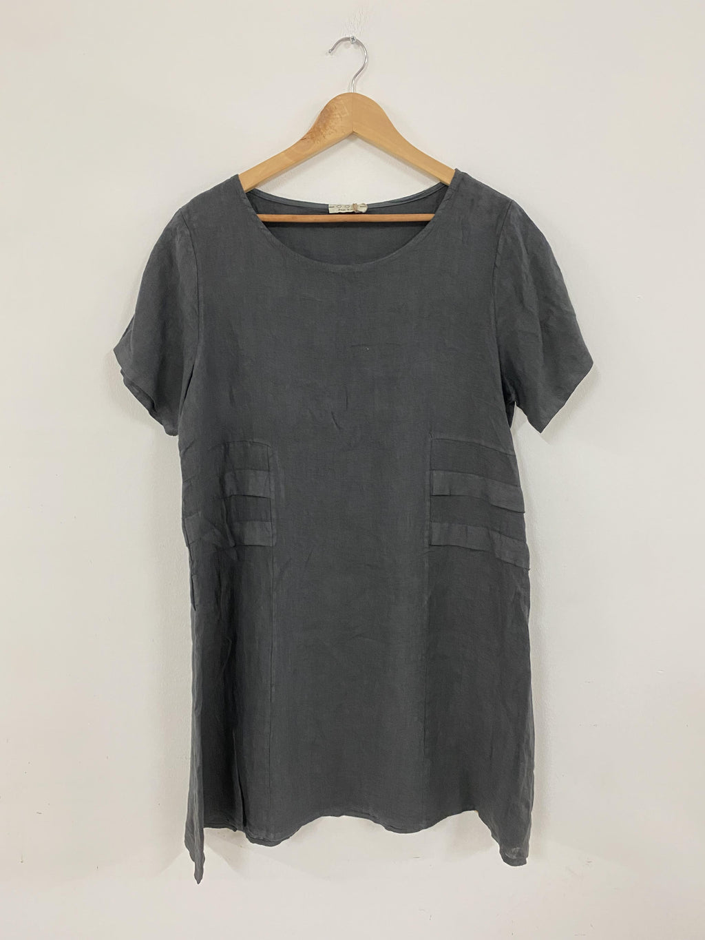 Short Sleeve Linen Knee Length-Midi Dress with Side Details in Soot