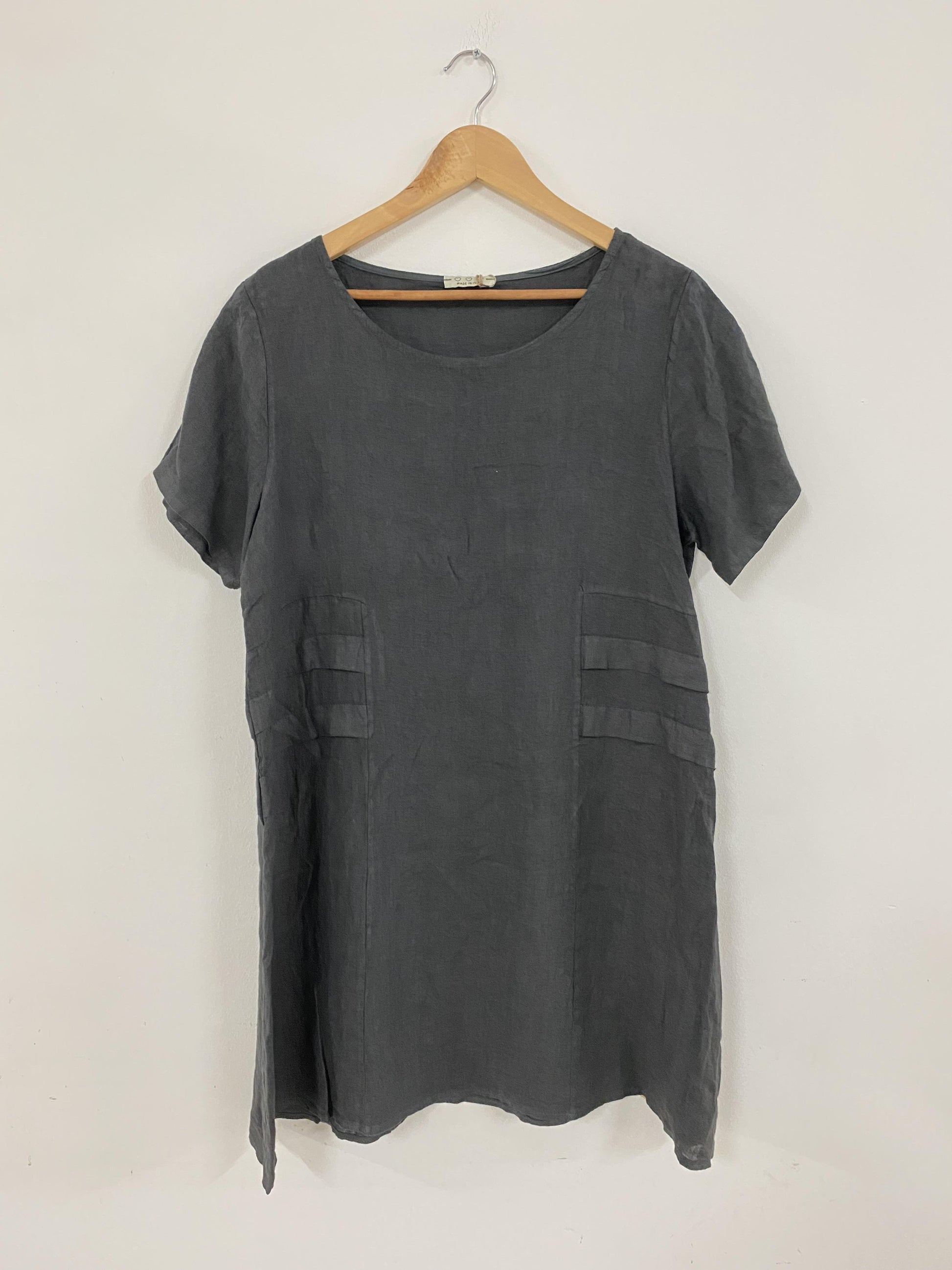 Short Sleeve Linen Knee Length-Midi Dress with Side Details in Soot