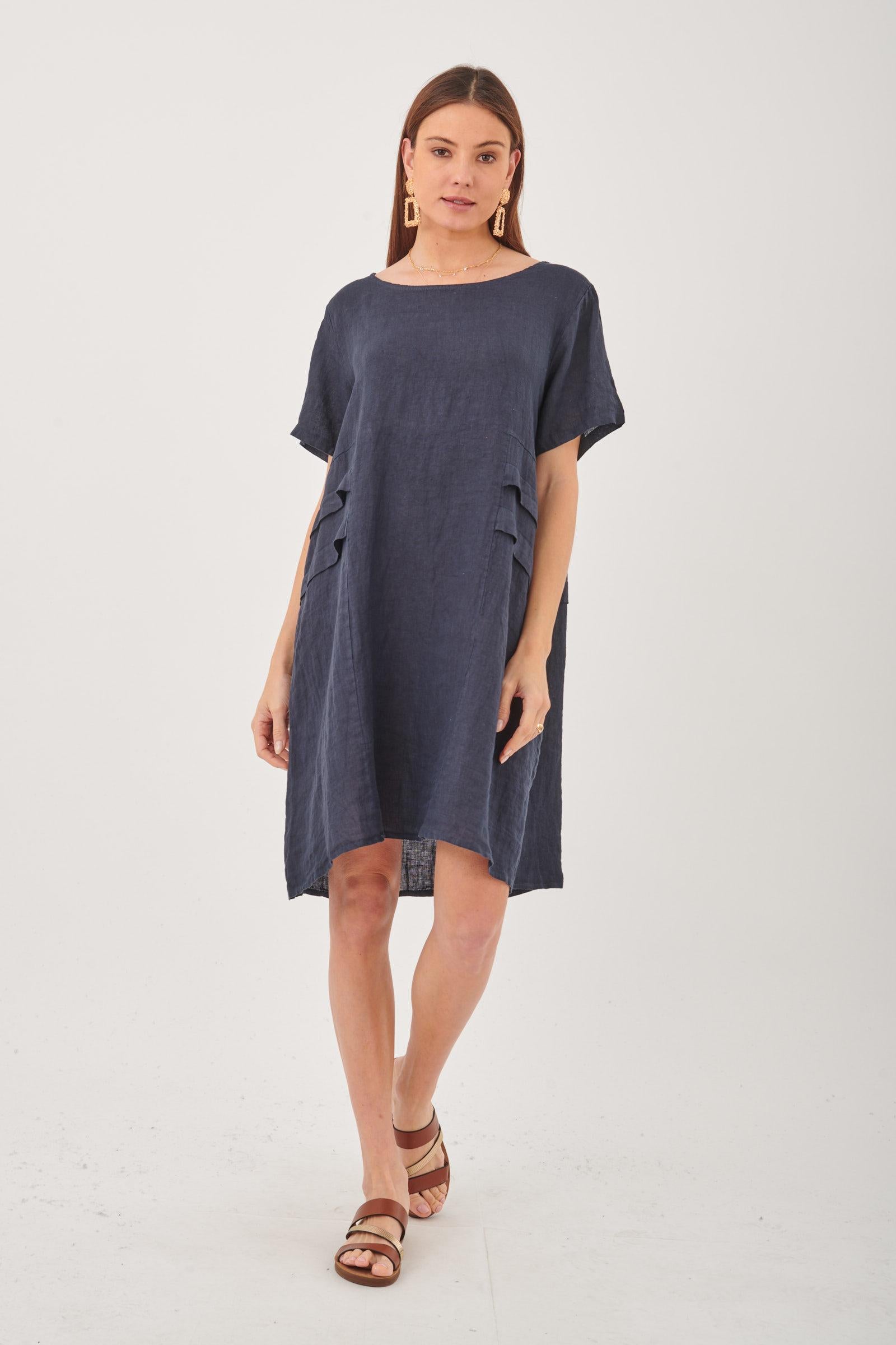 Short Sleeve Linen Knee Length-Midi Dress with Side Details in Sky