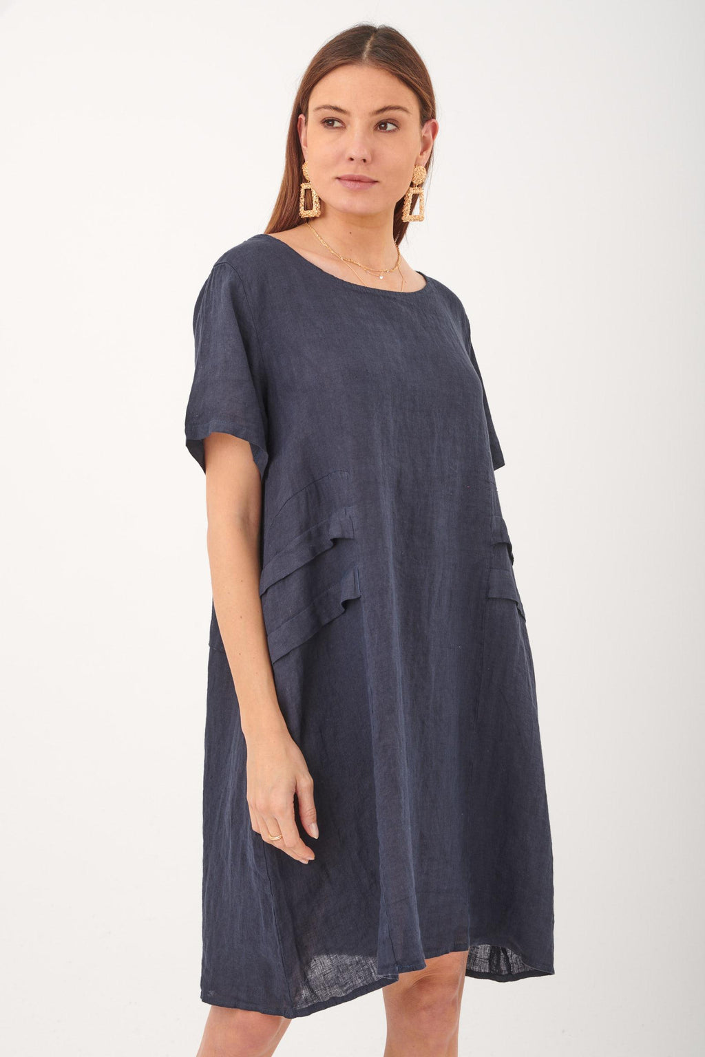 Short Sleeve Linen Knee Length-Midi Dress with Side Details in Sky