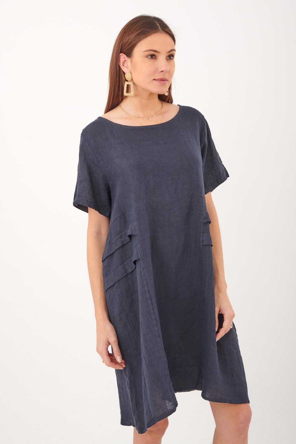 Short Sleeve Linen Knee Length-Midi Dress with Side Details in Sky