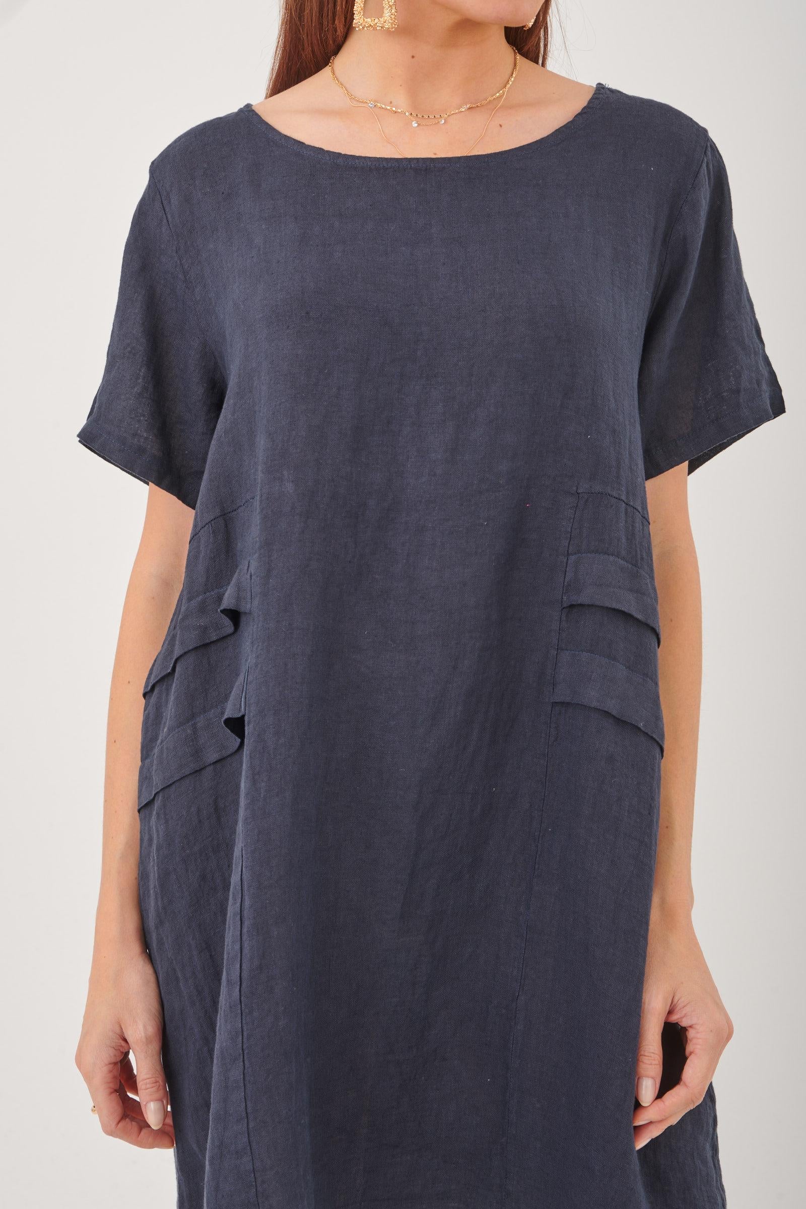 Short Sleeve Linen Knee Length-Midi Dress with Side Details in Sky