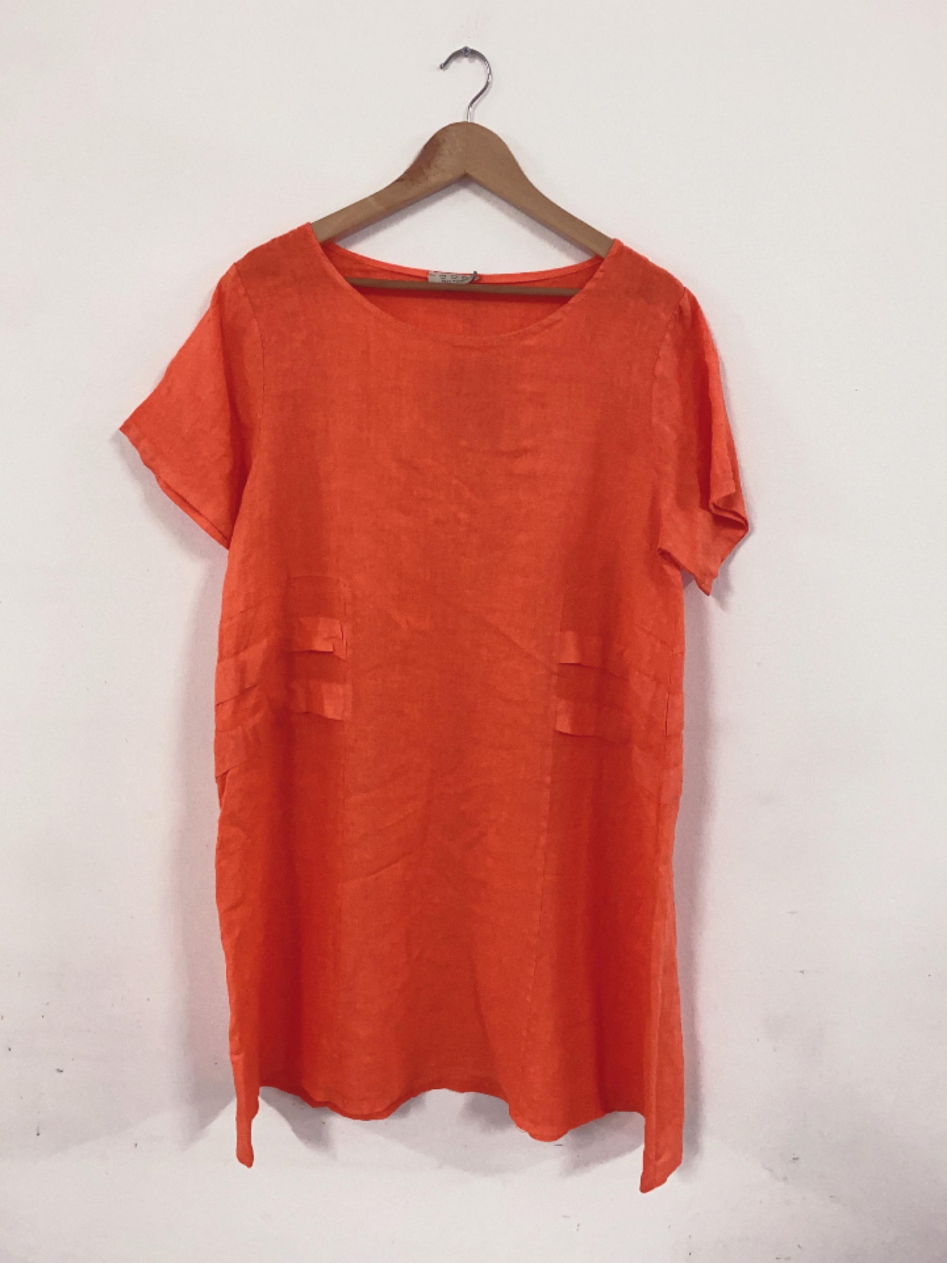 Short Sleeve Linen Knee Length-Midi Dress with Side Details in Orange