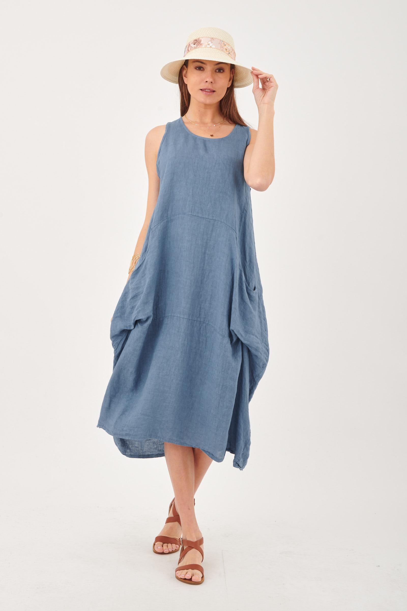 Linen Sleeveless Maxi Cocoon Dress with Pockets in Forget-Me-Not
