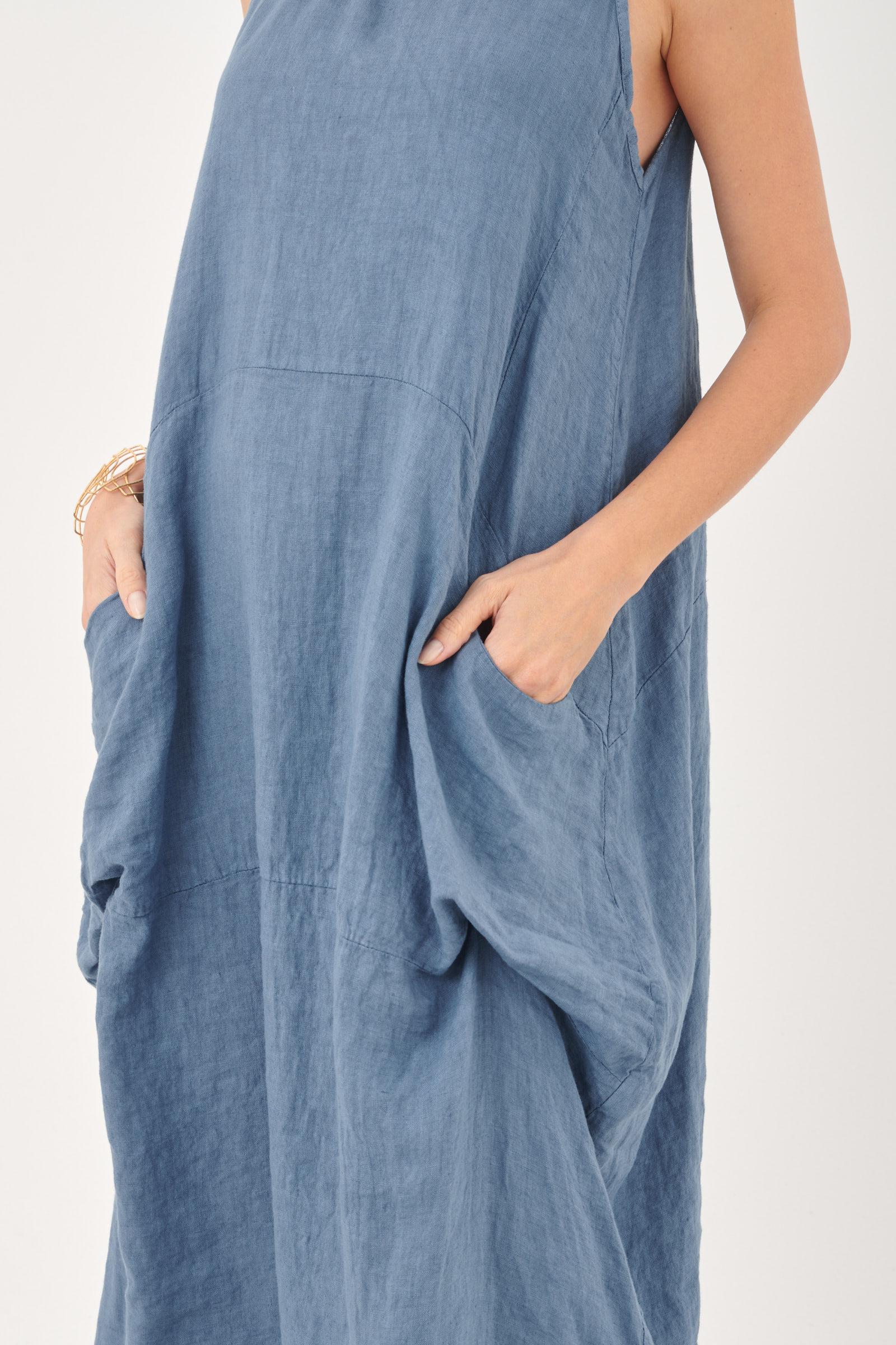 Linen Sleeveless Maxi Cocoon Dress with Pockets in Forget-Me-Not