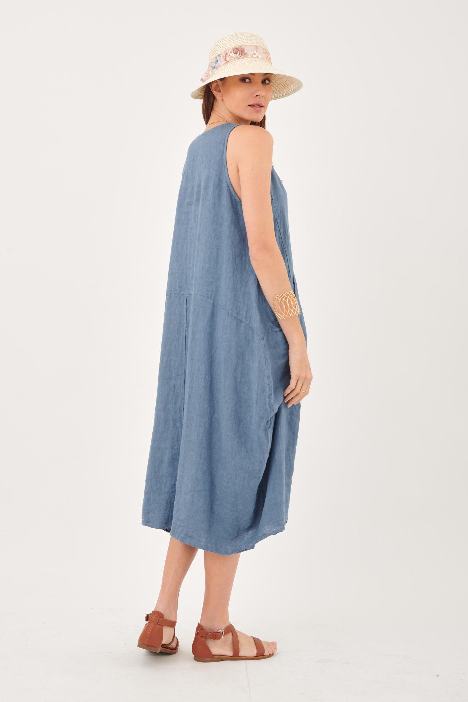 Linen Sleeveless Maxi Cocoon Dress with Pockets in Forget-Me-Not