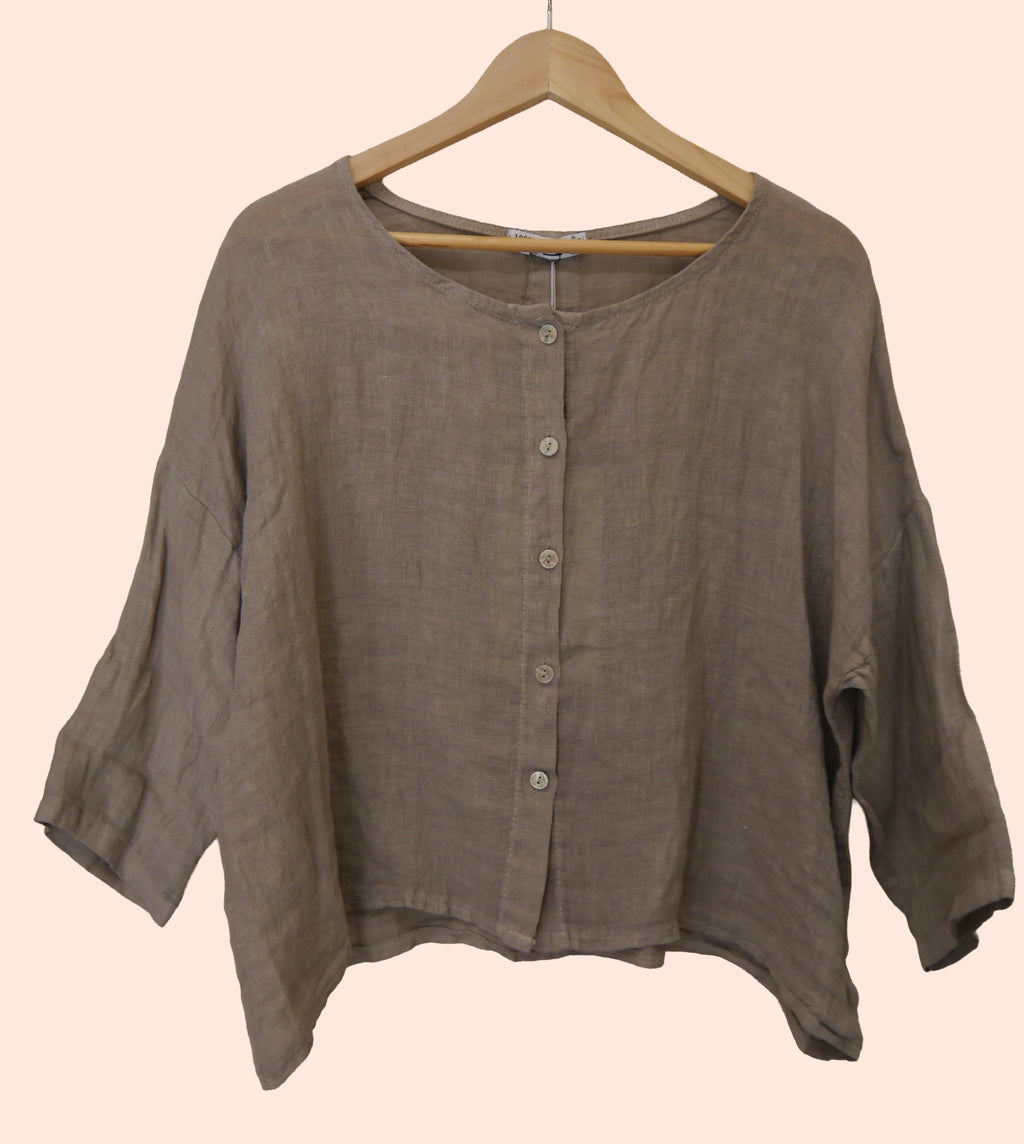 Linen Full Length Button Up Top in Mole Taupe