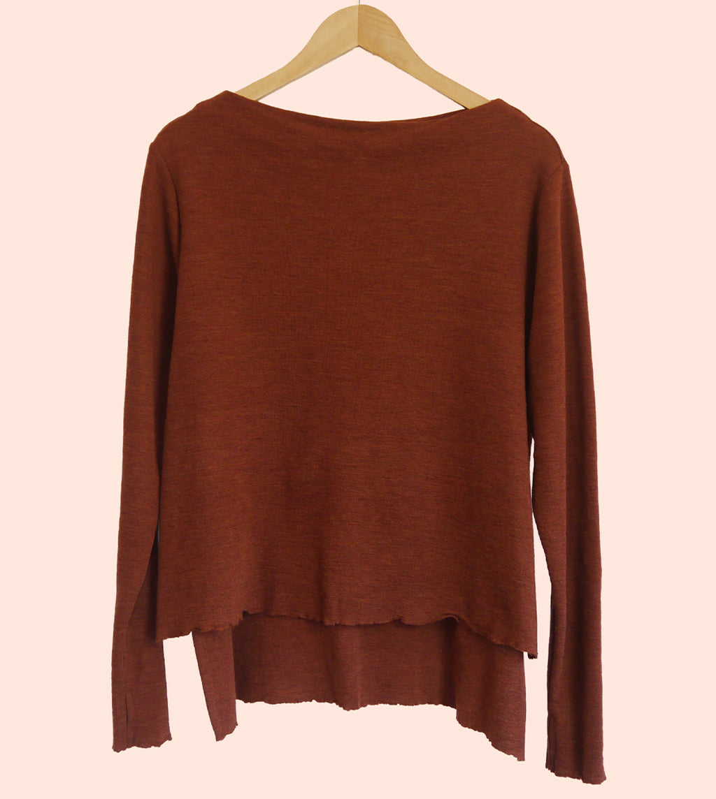 Merino Wool Jumper with High Neck and Side Splits in Rosewood