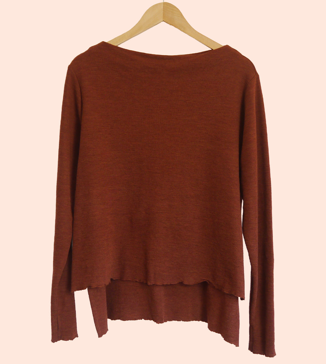 Merino Wool Jumper with High Neck and Side Splits in Rosewood