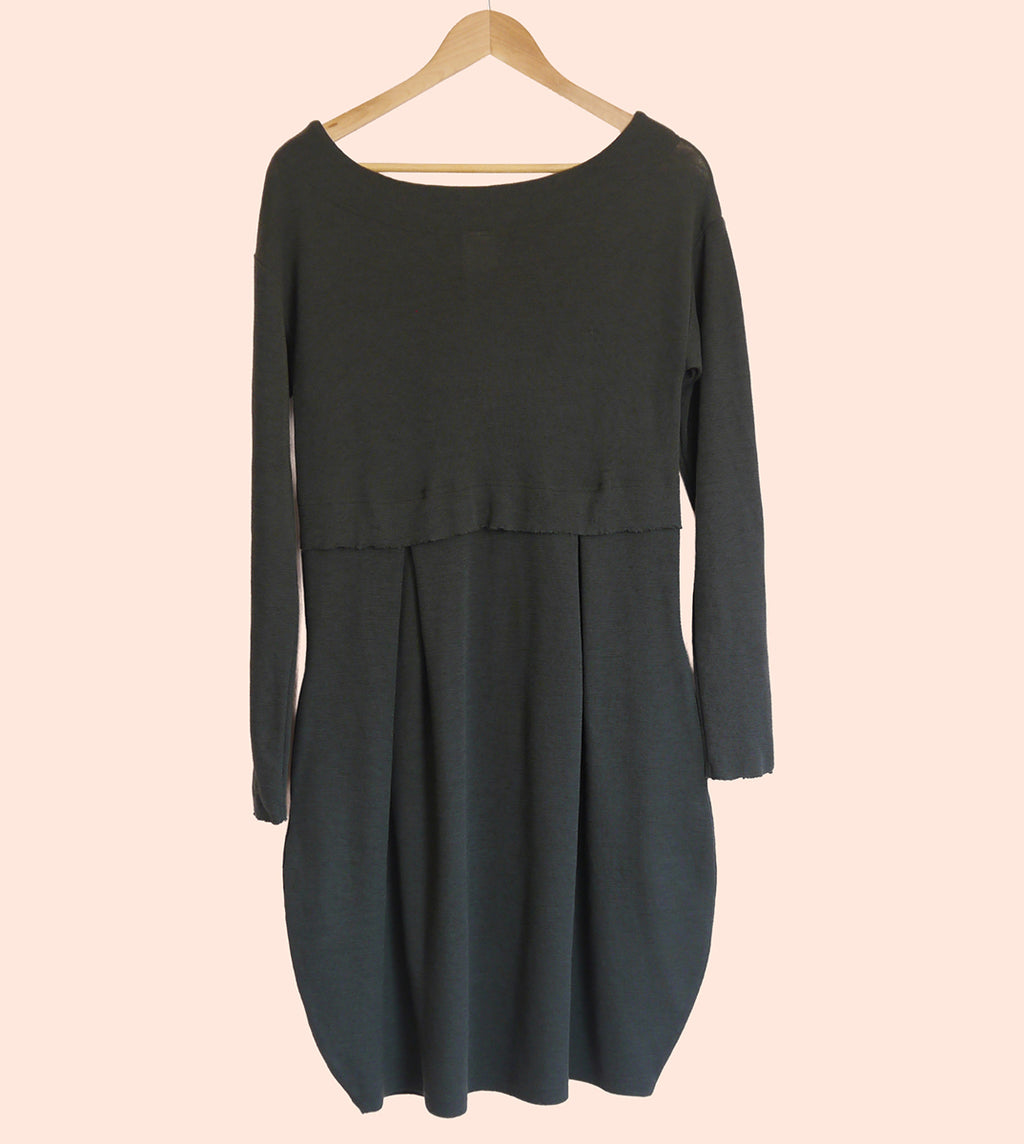 Merino Wool Round Neck Empire Waist Pleat Dress in Raven