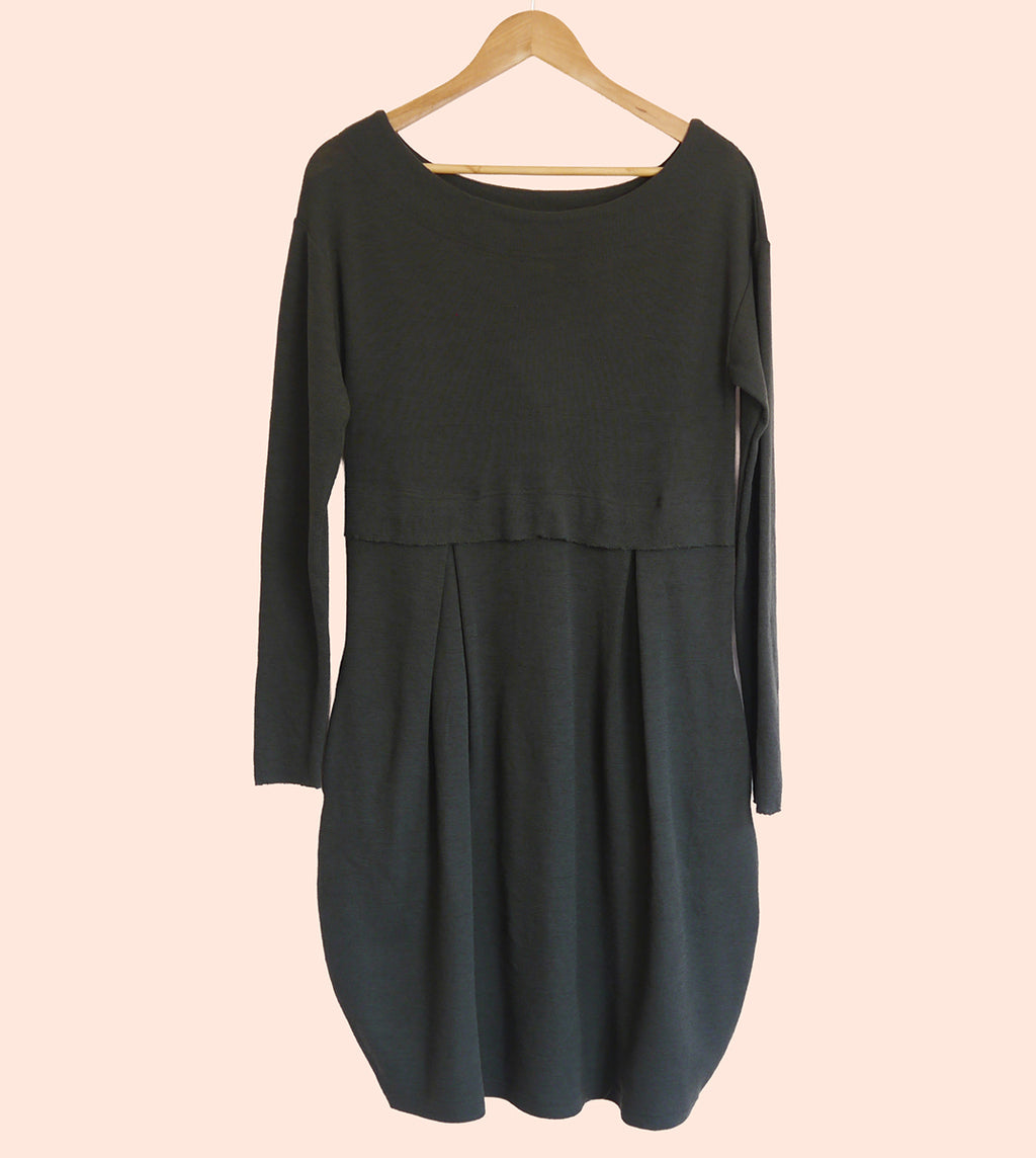 Merino Wool Round Neck Empire Waist Pleat Dress in Raven