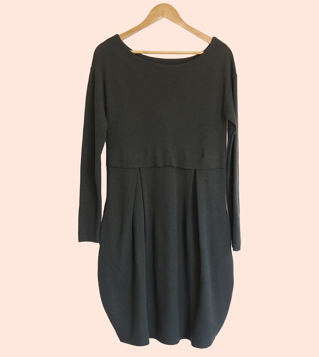 Merino Wool Round Neck Empire Waist Pleat Dress in Raven