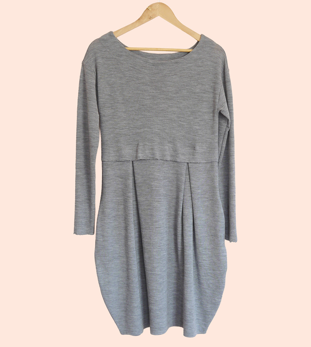 Merino Wool Round Neck Empire Waist Pleat Dress in Smoke Marl