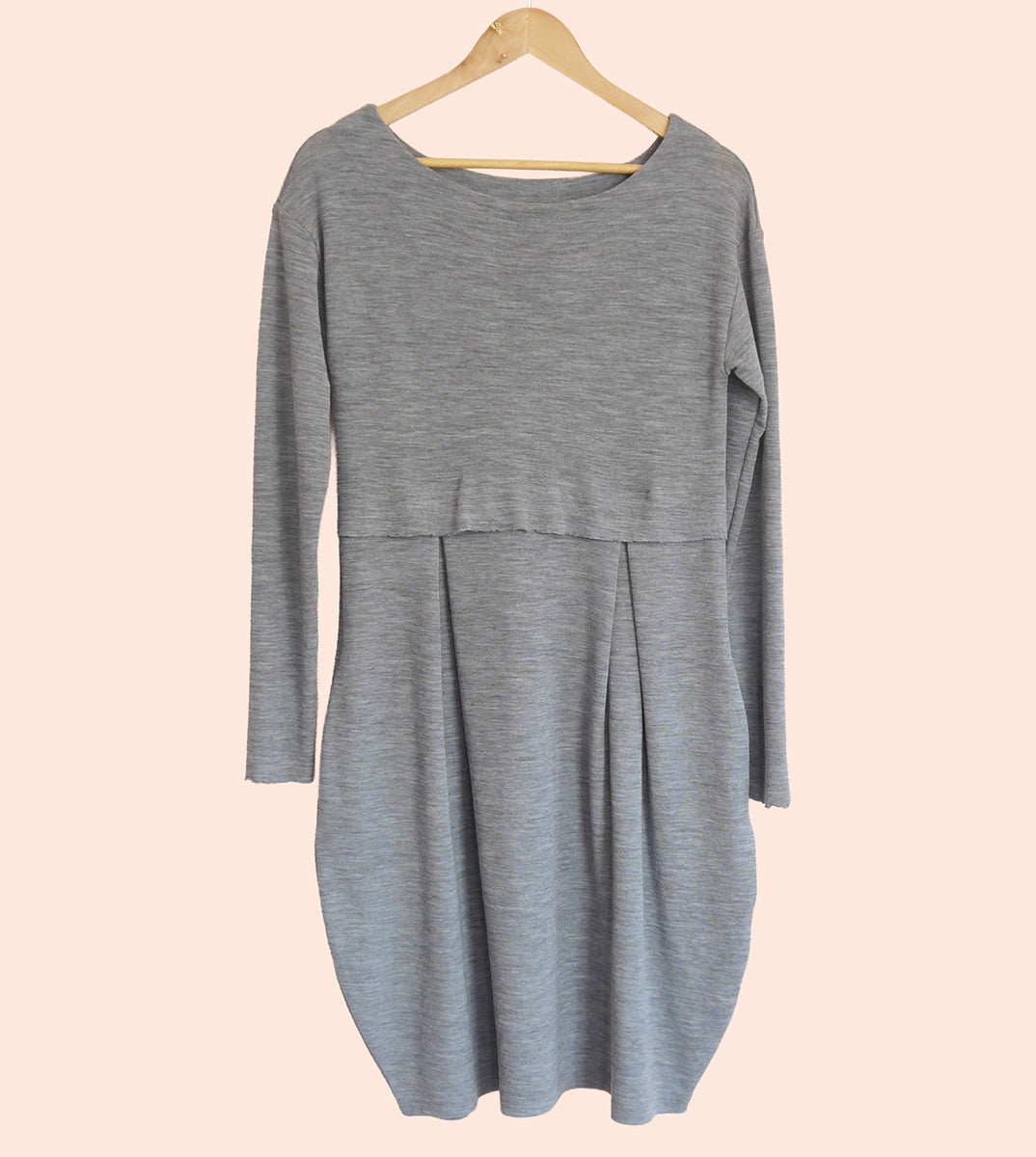 Merino Wool Round Neck Empire Waist Pleat Dress in Smoke Marl