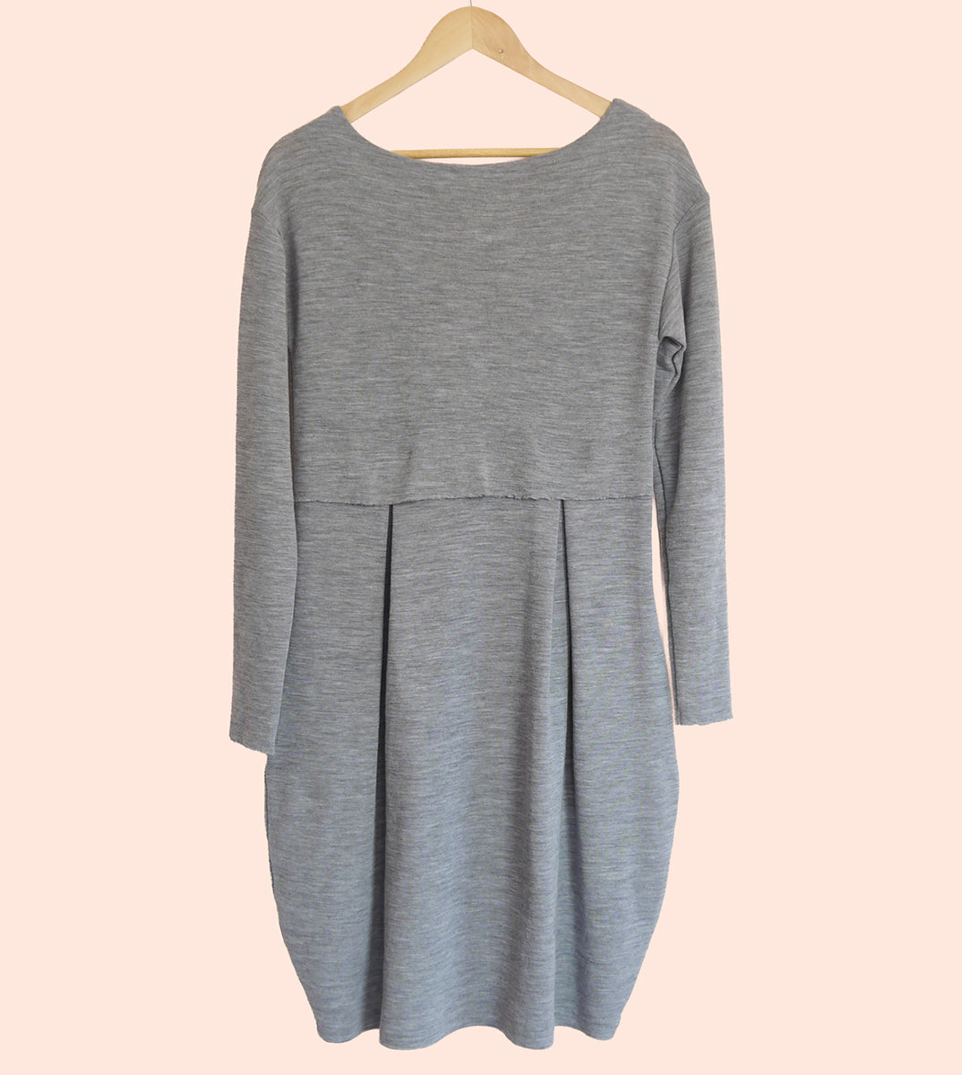 Merino Wool Round Neck Empire Waist Pleat Dress in Smoke Marl