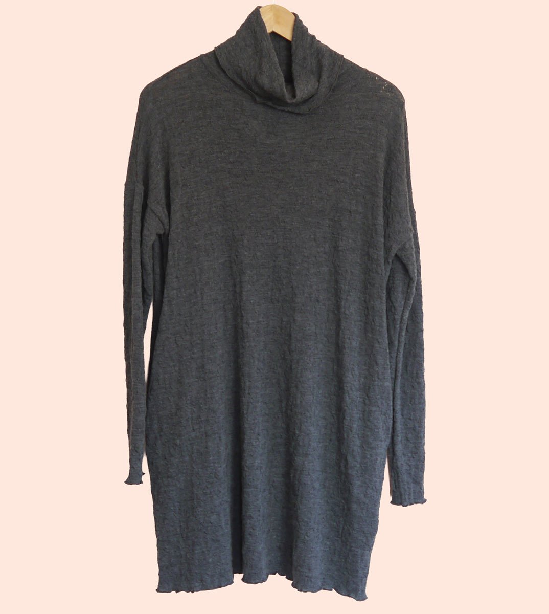 Merino Wool Textured Wide Turtle Neck Dress in Charcoal Marl