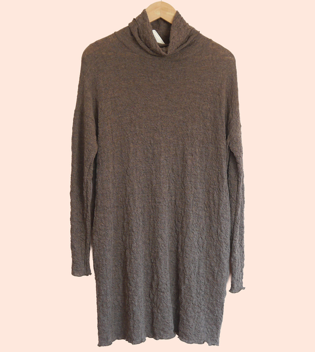 Merino Wool Textured Wide Turtle Neck Dress in Earth
