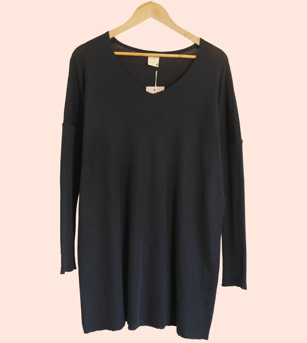 Merino Wool V-Neck Tunic Dress in Charcoal