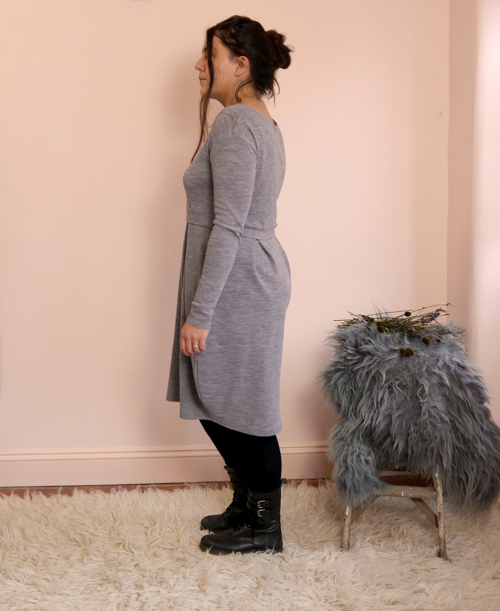 Merino Wool Round Neck Empire Waist Pleat Dress in Smoke Marl