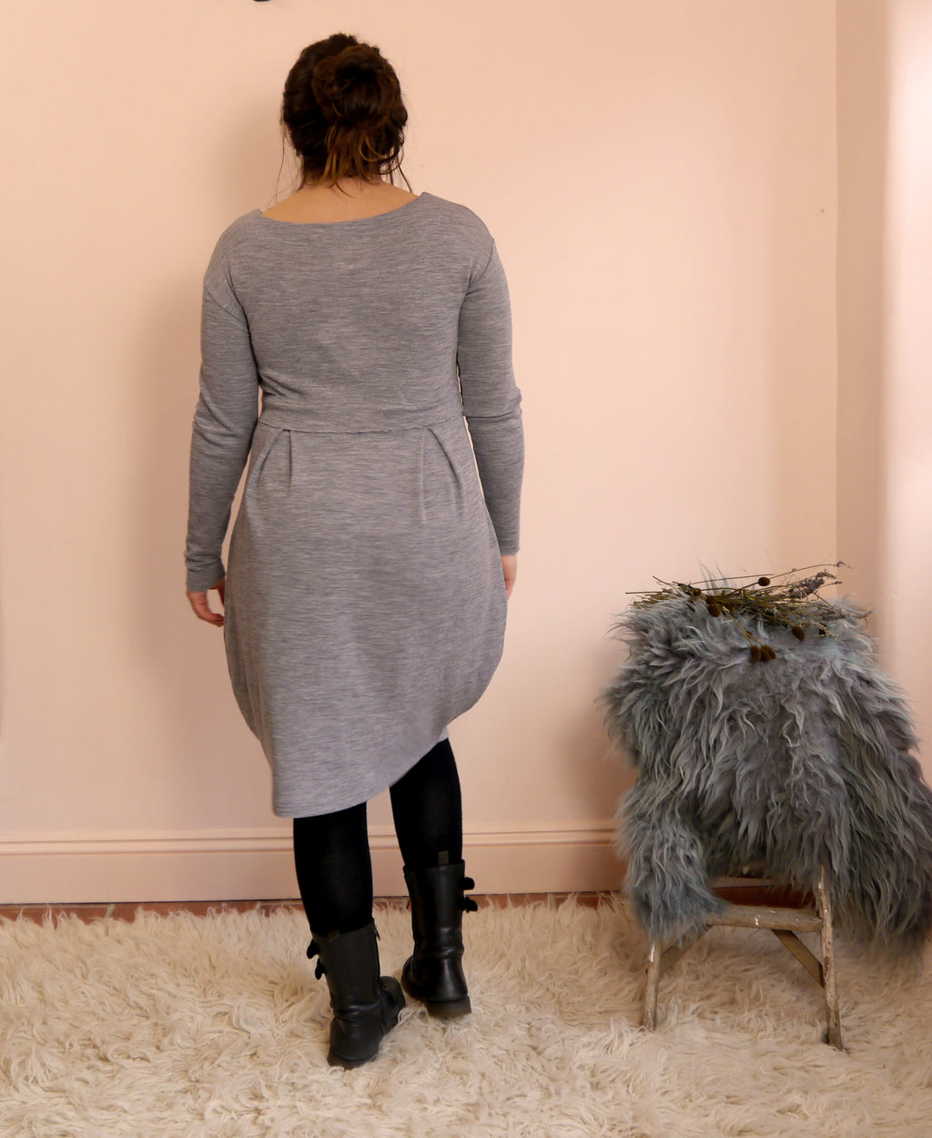 Merino Wool Round Neck Empire Waist Pleat Dress in Smoke Marl